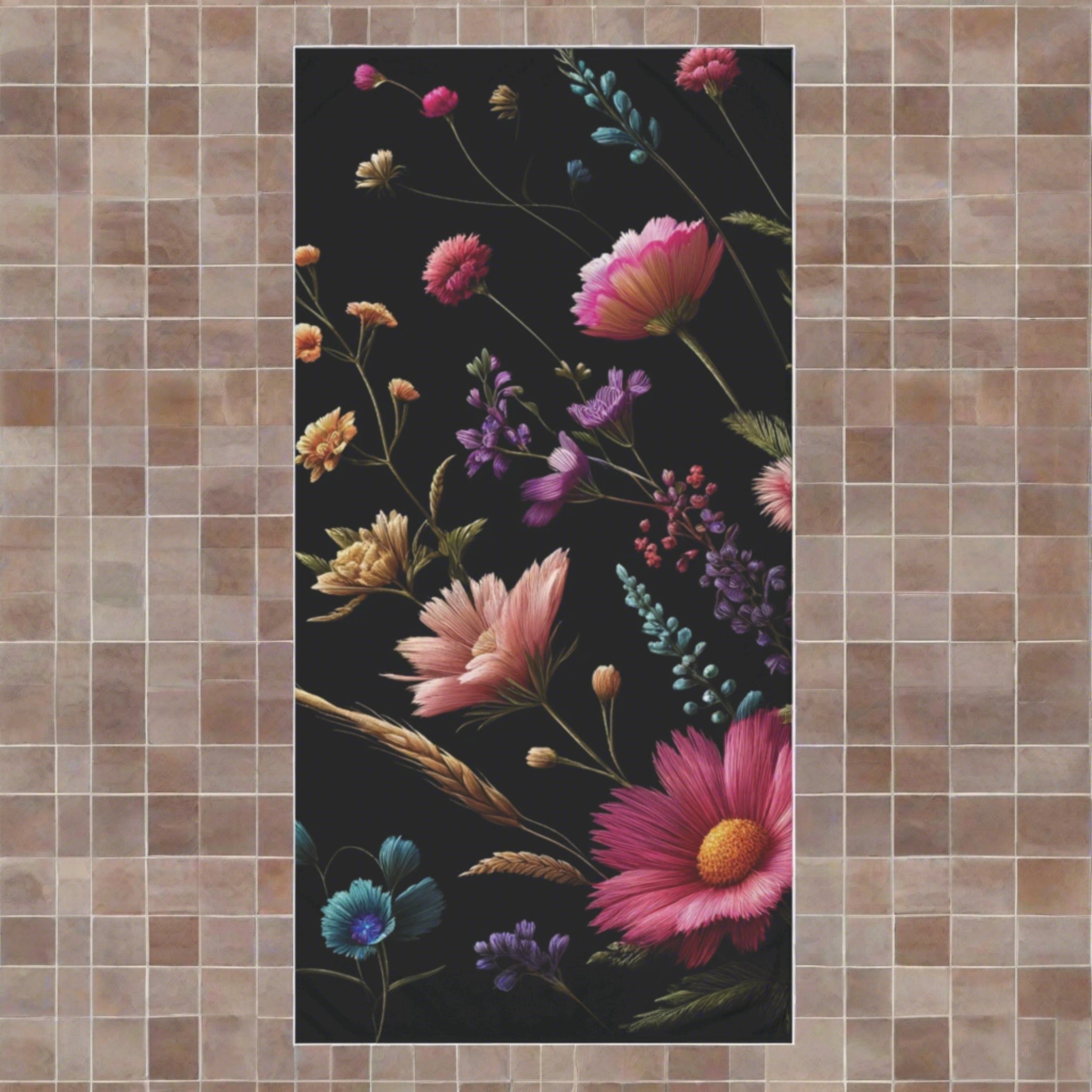 Black Cottage Core Meadow Towel Blooms Soft & Luxurious Mink-Cotton Towel 30x60 Elevate Your Bath Experience Vibrant Nature-Inspired Elegance Housewarming Gift.