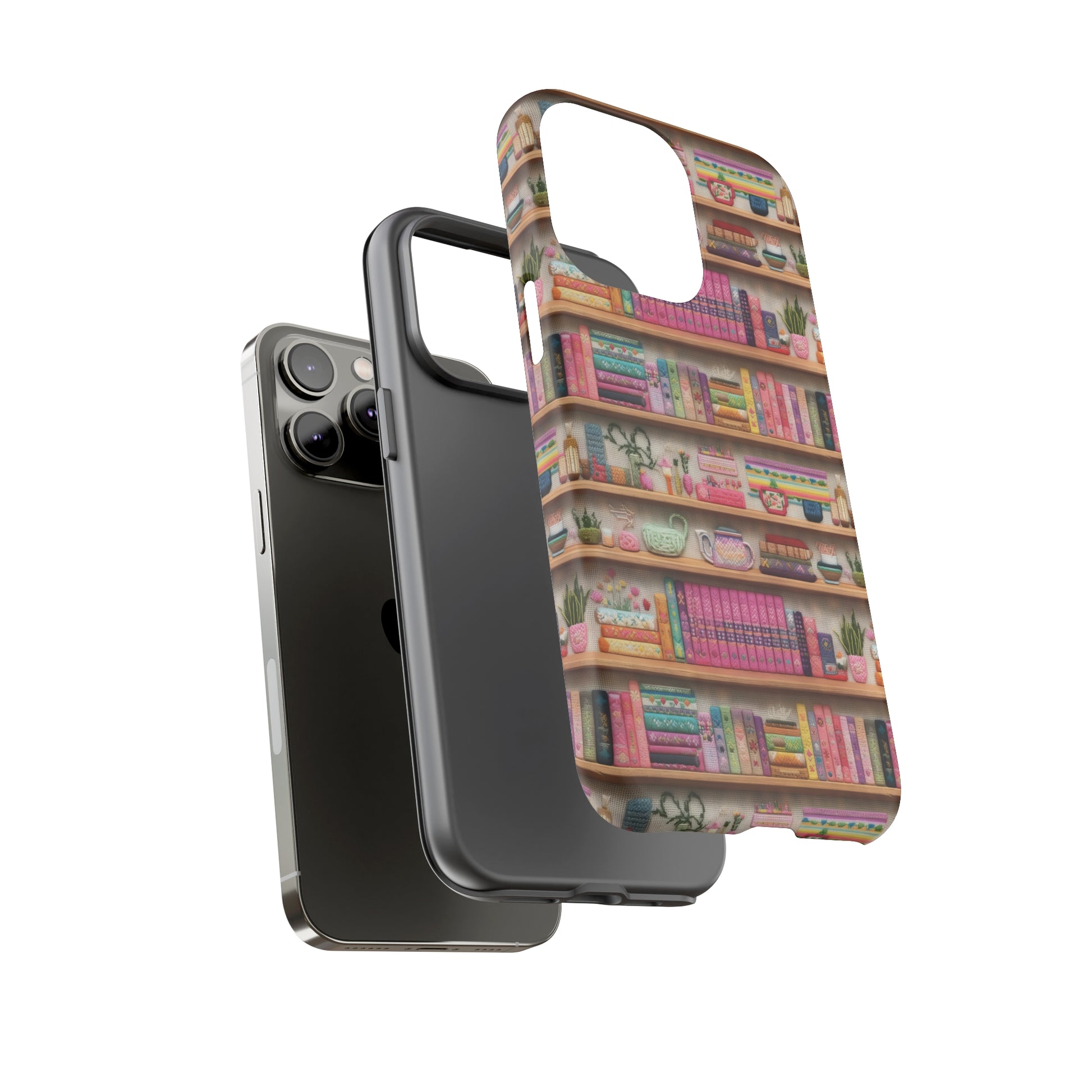 Phone Case 3D Illusion Books & Shelf Embroidery Design with Vibrant Colors Gift for Her Phone 15, Samsung iPhone Samsung Gift for Her Case iPhone 15, Samsung iPhone Samsung Accessory Gift for Her.