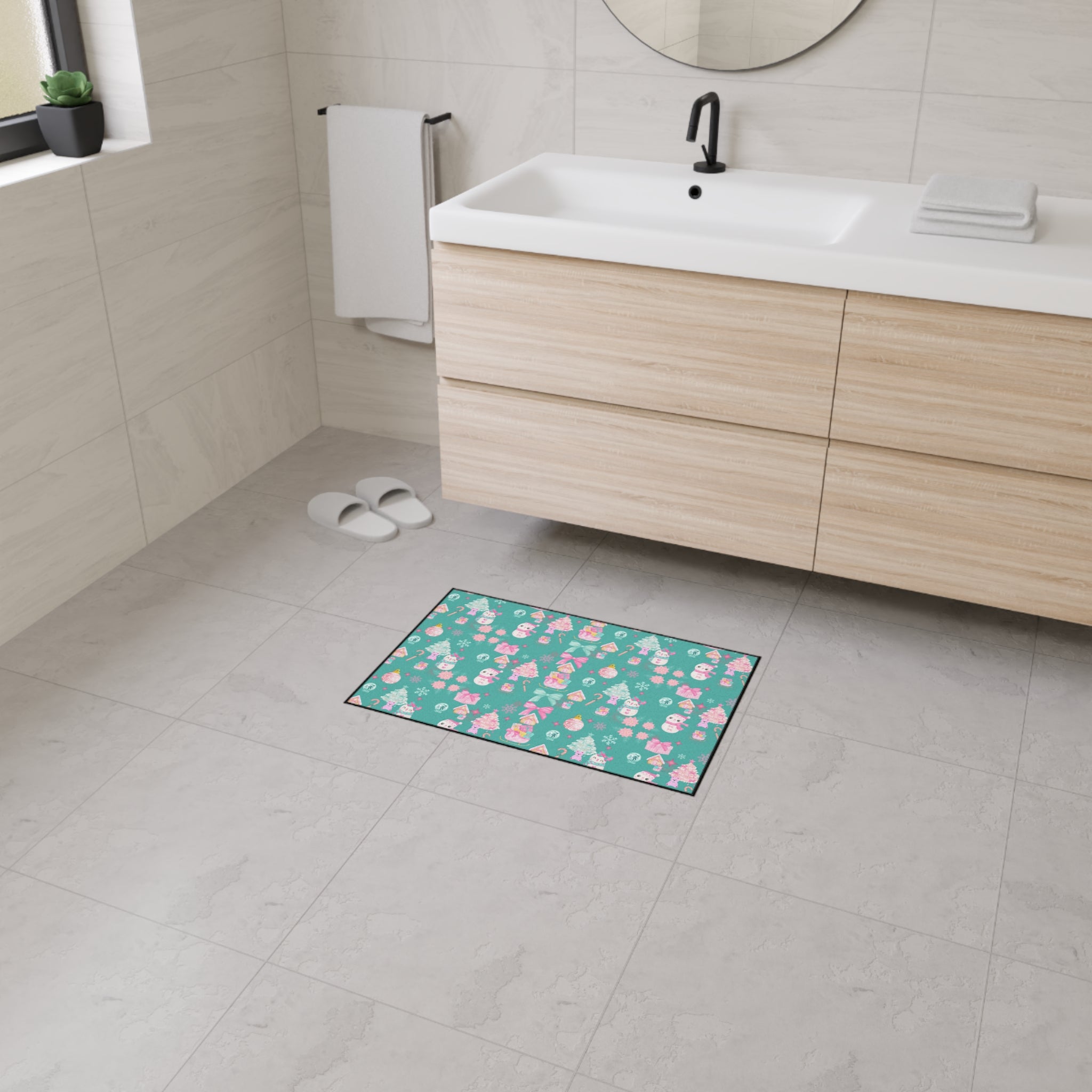 Merry and  Bright Rug Pink  Turquoise Christmas Magic for Your Floor! Fun Festive Non-Slip Holiday Mat in 4 Sizes, Cozy Colorful Decor Office