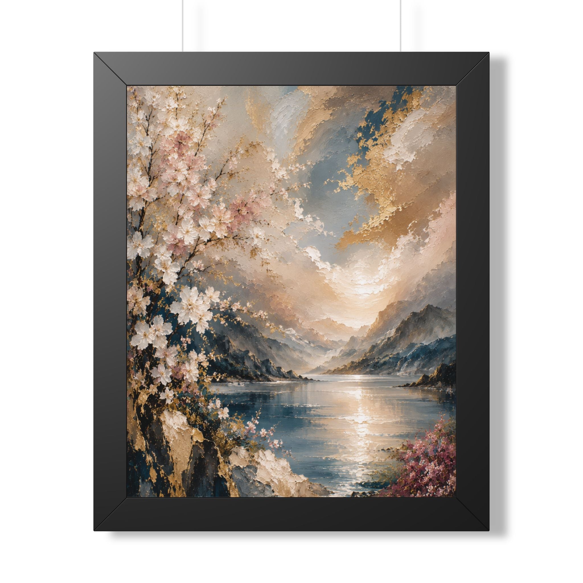 Sunlit Mountain Lake framed vertical poster | floral shoreline landscape