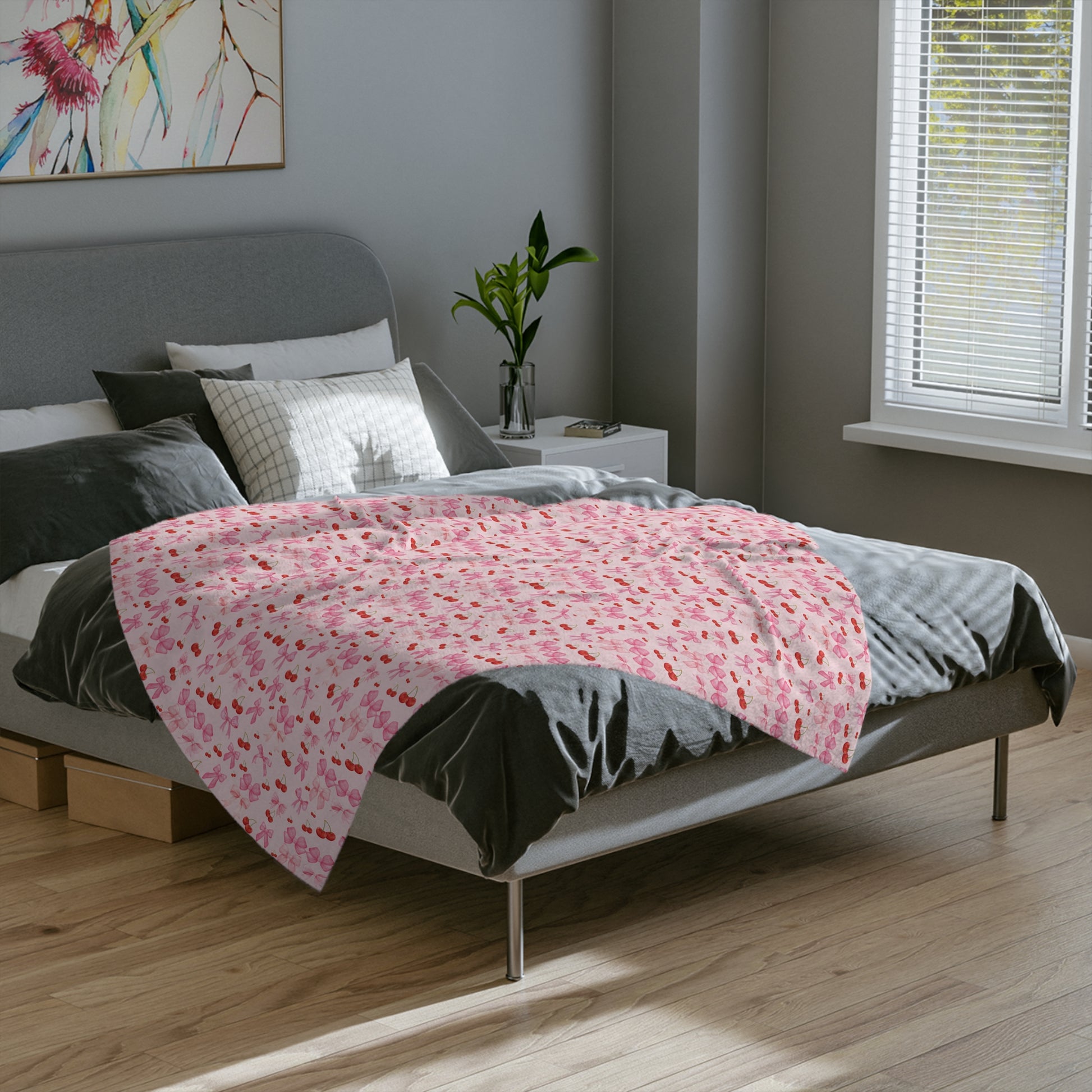 Minky Blanket Coquette Cherry Ribbon Bows Design in Luxurious 100% Polyester Cozy Comfort Throw Ultra-Soft Microfiber Comfort Blanket, Perfect for Snuggling Decor, Cozy All-Season Warmth, Comfort Housewarming Gift Throw.