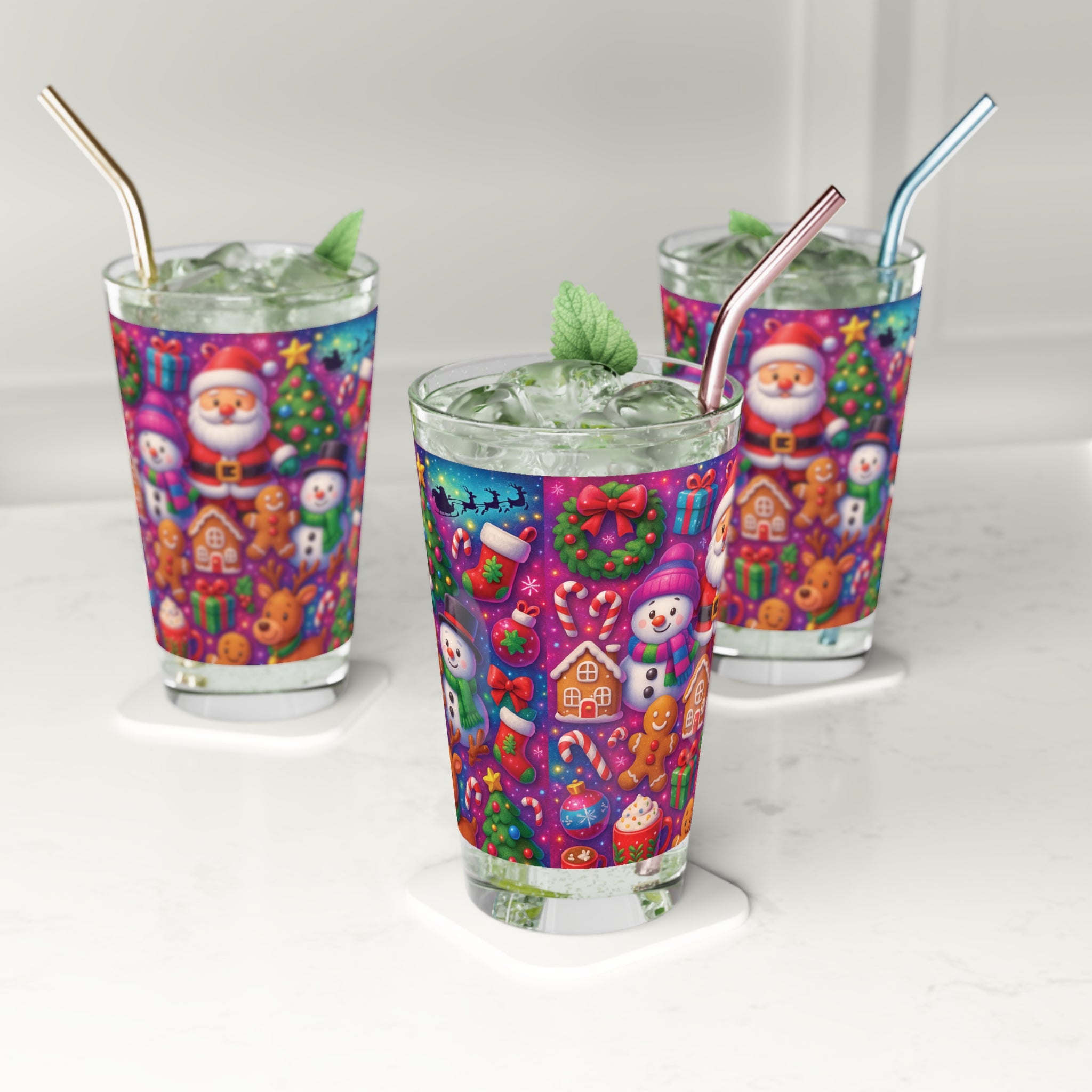 Merry & Bright Christmas 16oz Pint Glass | Vibrant Holiday Icons | Perfect for Hot Cocoa, Mocktails & Gift-Ready Festive Sips Perfect Gift for Her