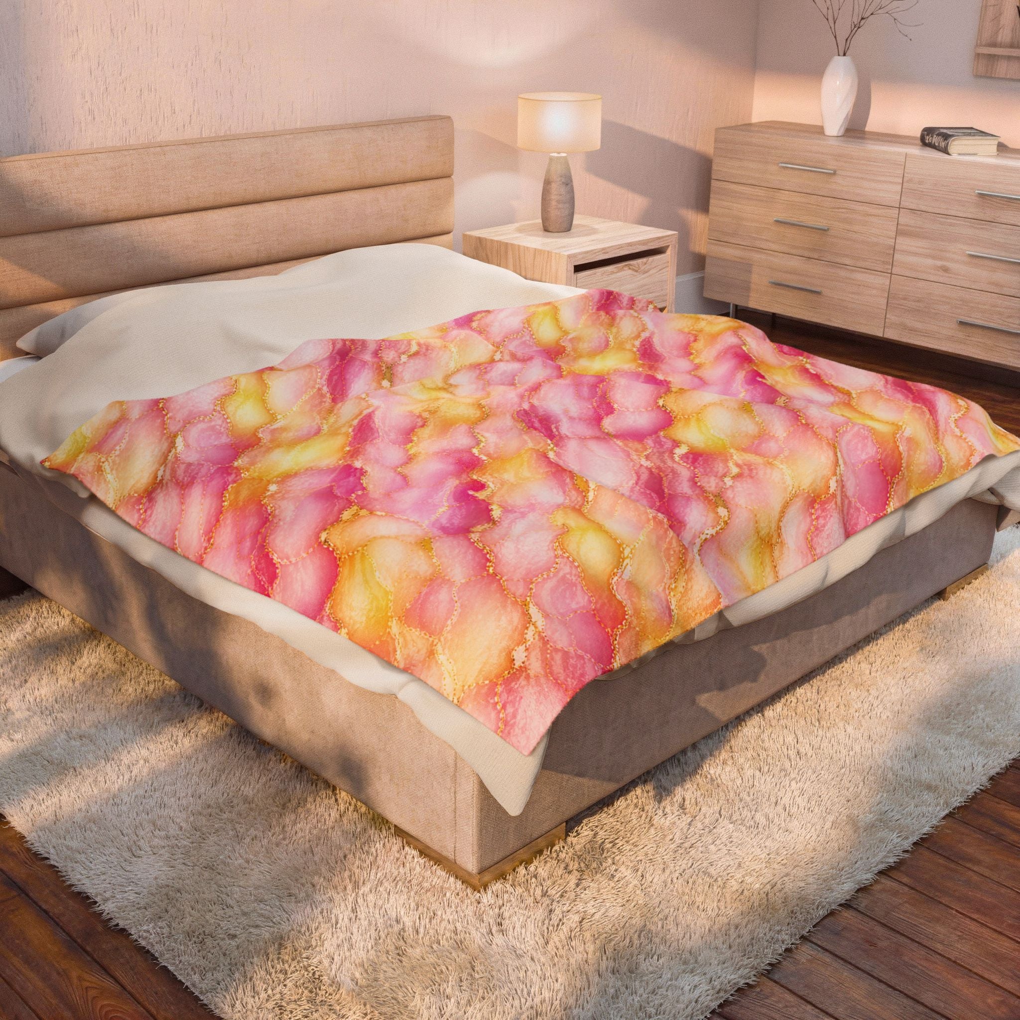 Blush Pink & Pastel Yellow Marble Blanket – Gold Vein Luxury Throw, Soft Cozy Elegant Home Decor