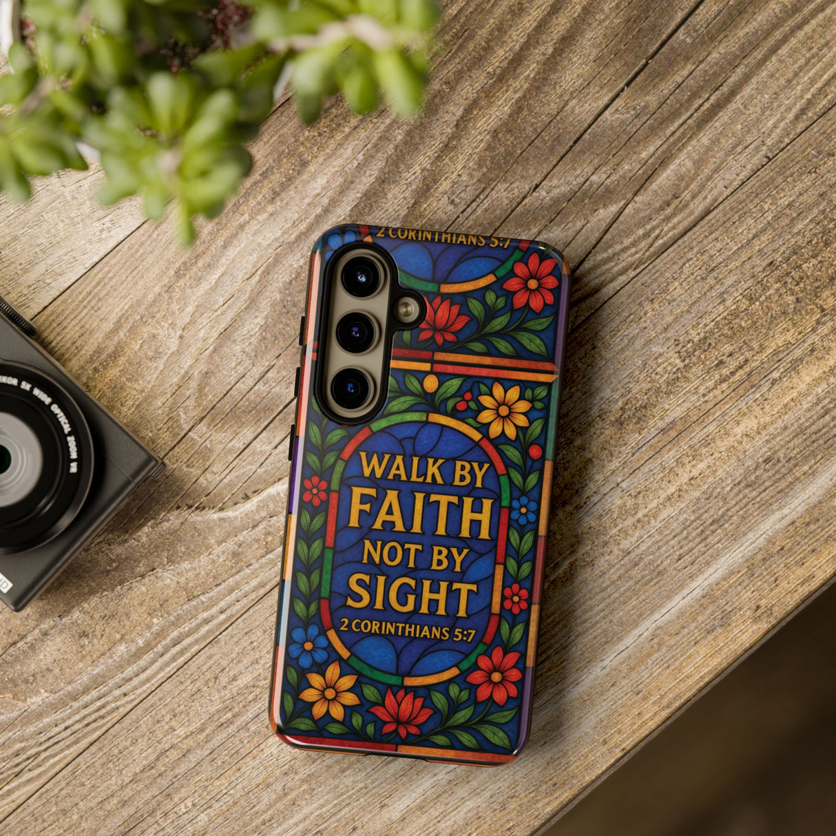 Walk by Faith Stain Glass Illusion Everywhere Christian Tough Phone Case with Bible Verse or Affirmation  Protective, Inspirational Gift for Christians