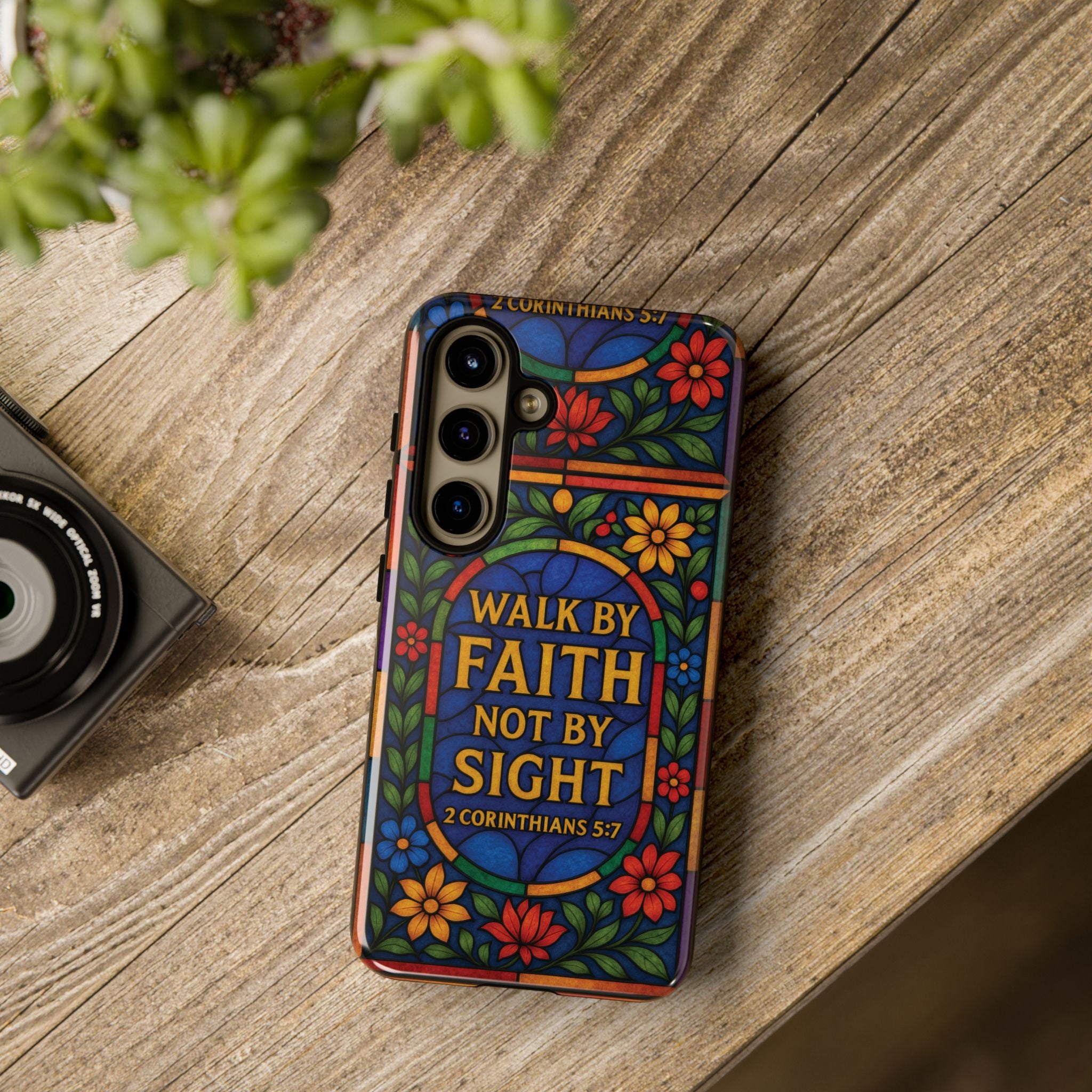 Walk by Faith Stain Glass Illusion Everywhere Christian Tough Phone Case with Bible Verse or Affirmation  Protective, Inspirational Gift for Christians