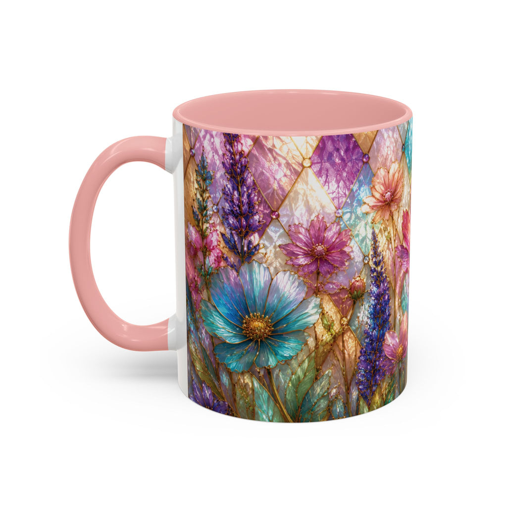Floral Mosaic Accent Coffee Mug — Colorful Garden Flowers 11/15oz Stain Glass Illusion