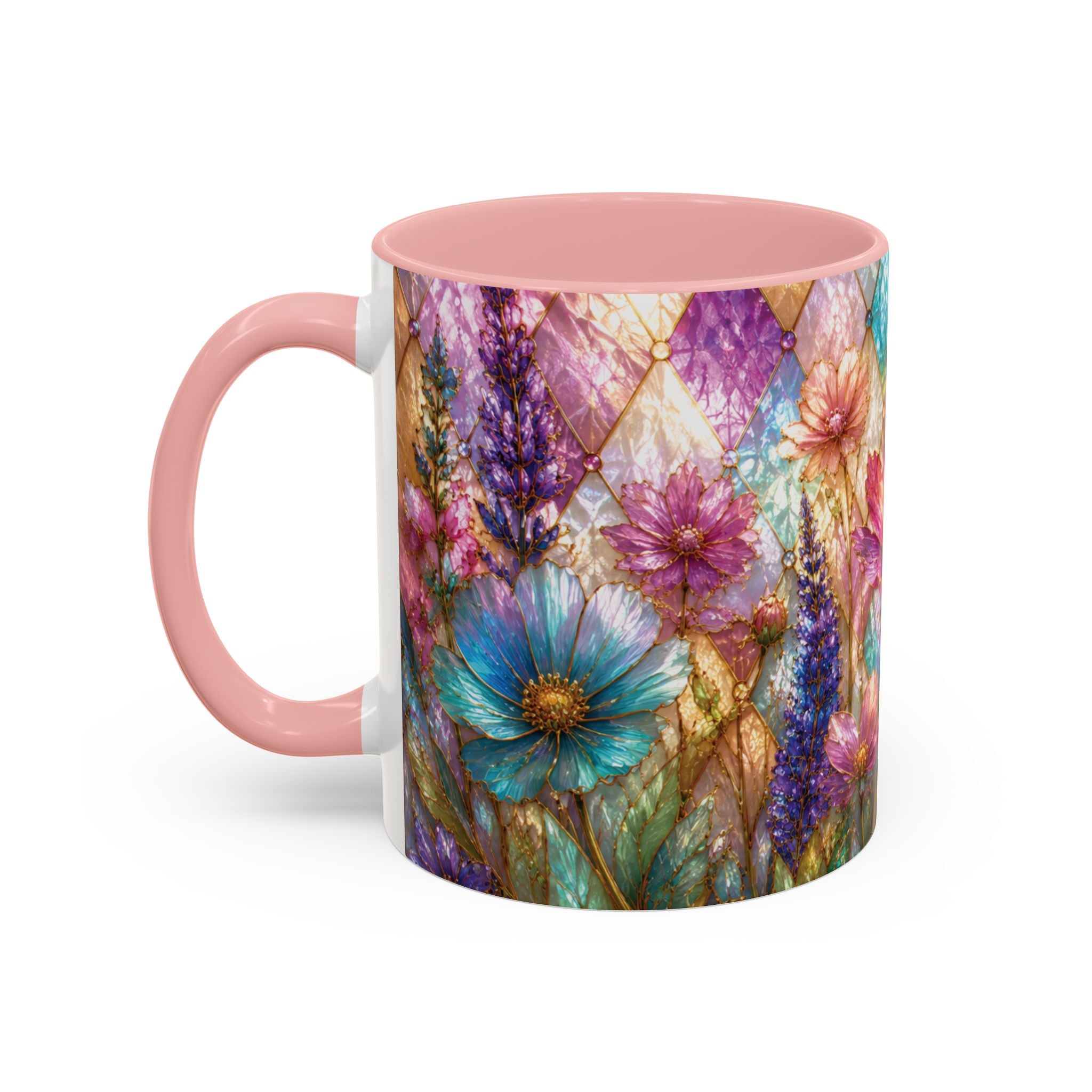 Floral Mosaic Accent Coffee Mug — Colorful Garden Flowers 11/15oz Stain Glass Illusion