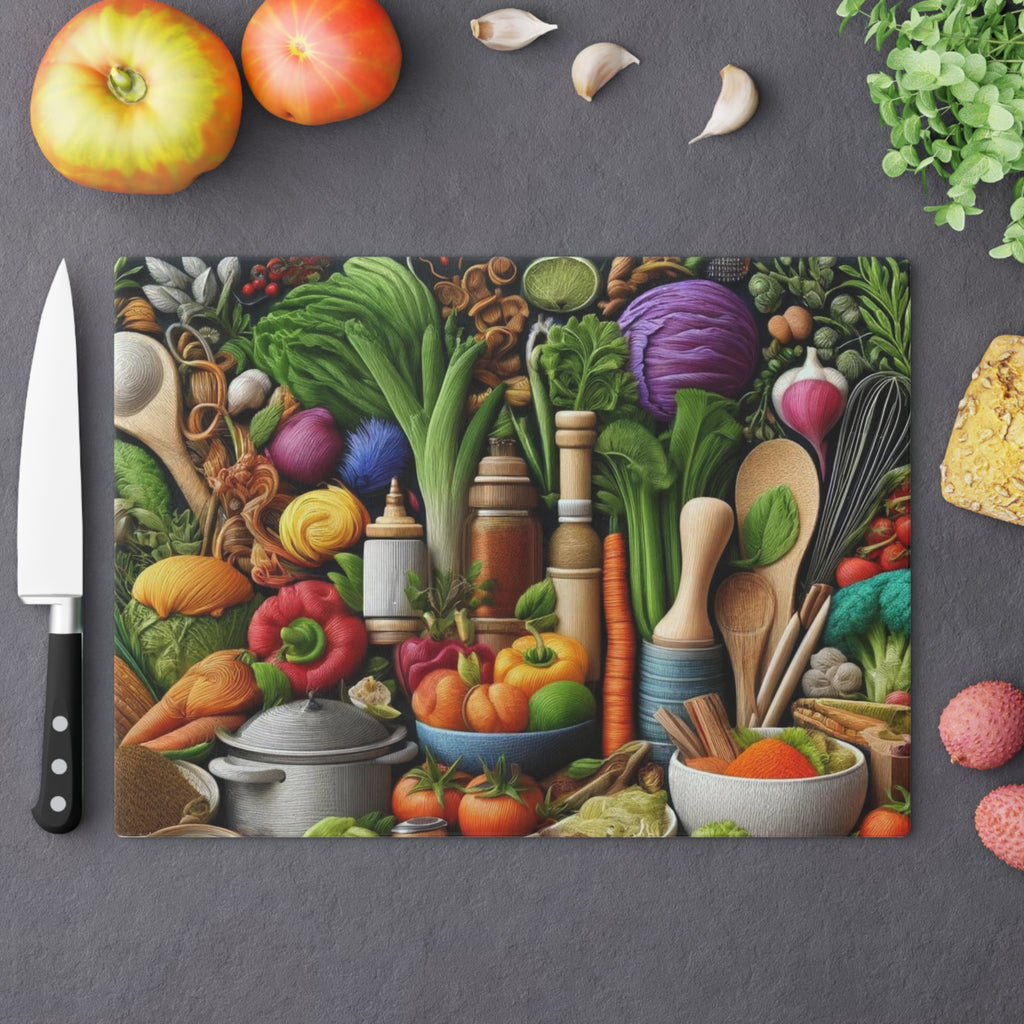 Vibrant Harvest Lively Fruit & Veggie Design Glass Cutting Board for Culinary Inspiration, Housewarming, New House Gift for the Chef or Cook - MRSBYVALLE