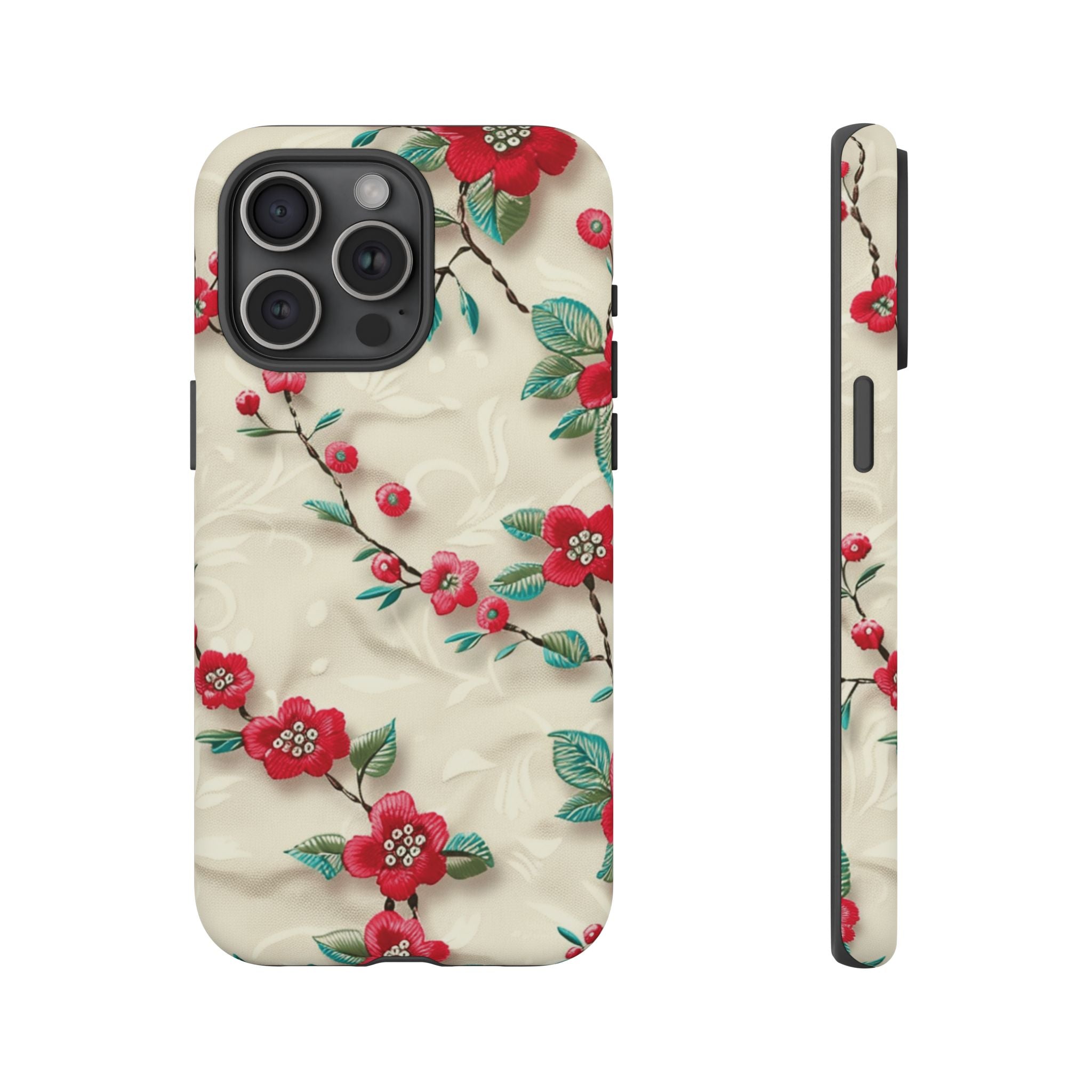 3D Embroidery Illusion Red Flowers Phone Case for iPhone, Samsung Pixel Artistic Floral Protection 15 14 13 12, 21 23 Gift for Her Perfect for Floral Lover