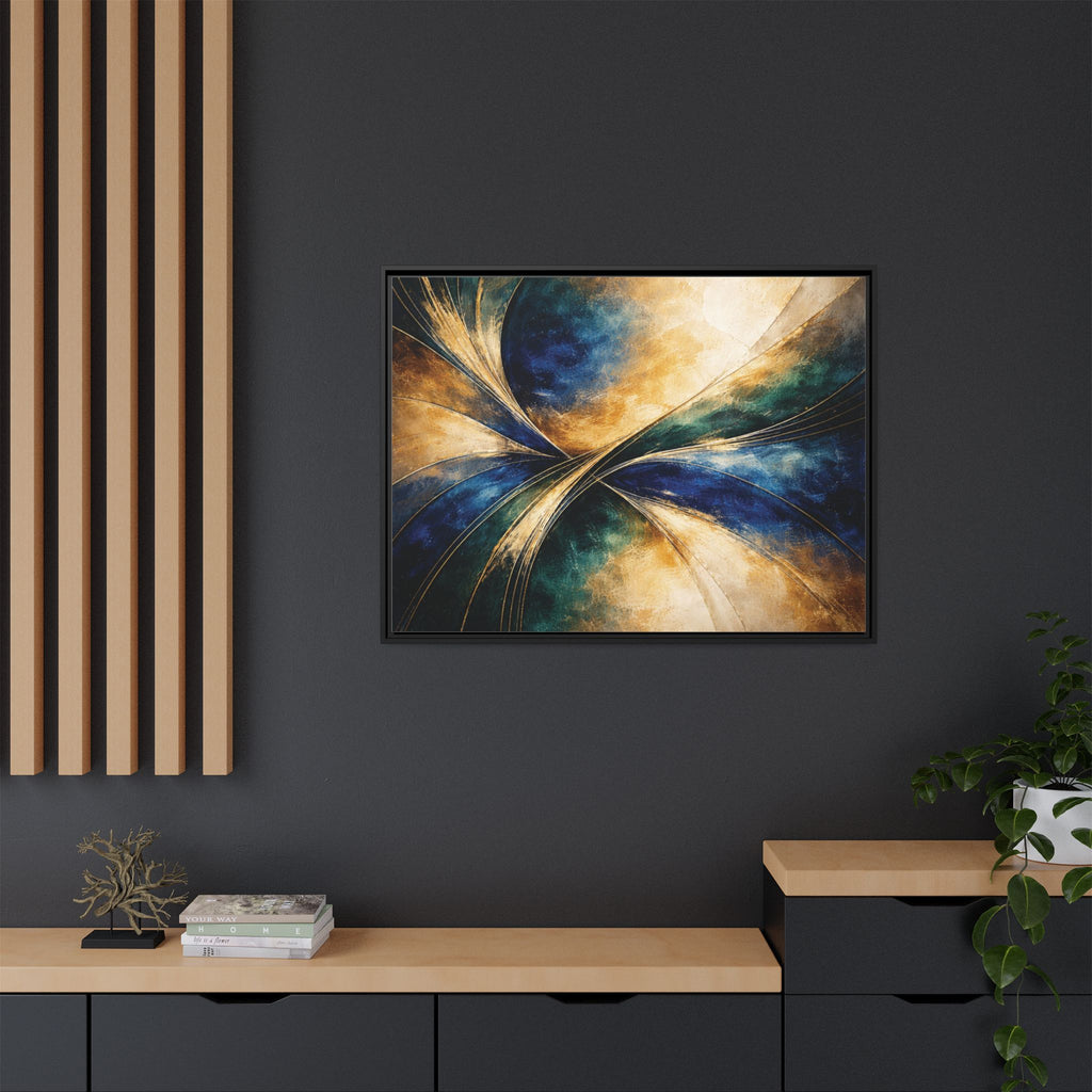 Gilded Convergence  Luxe NeoDeco Blue & Gold Abstract Wall Art Framed