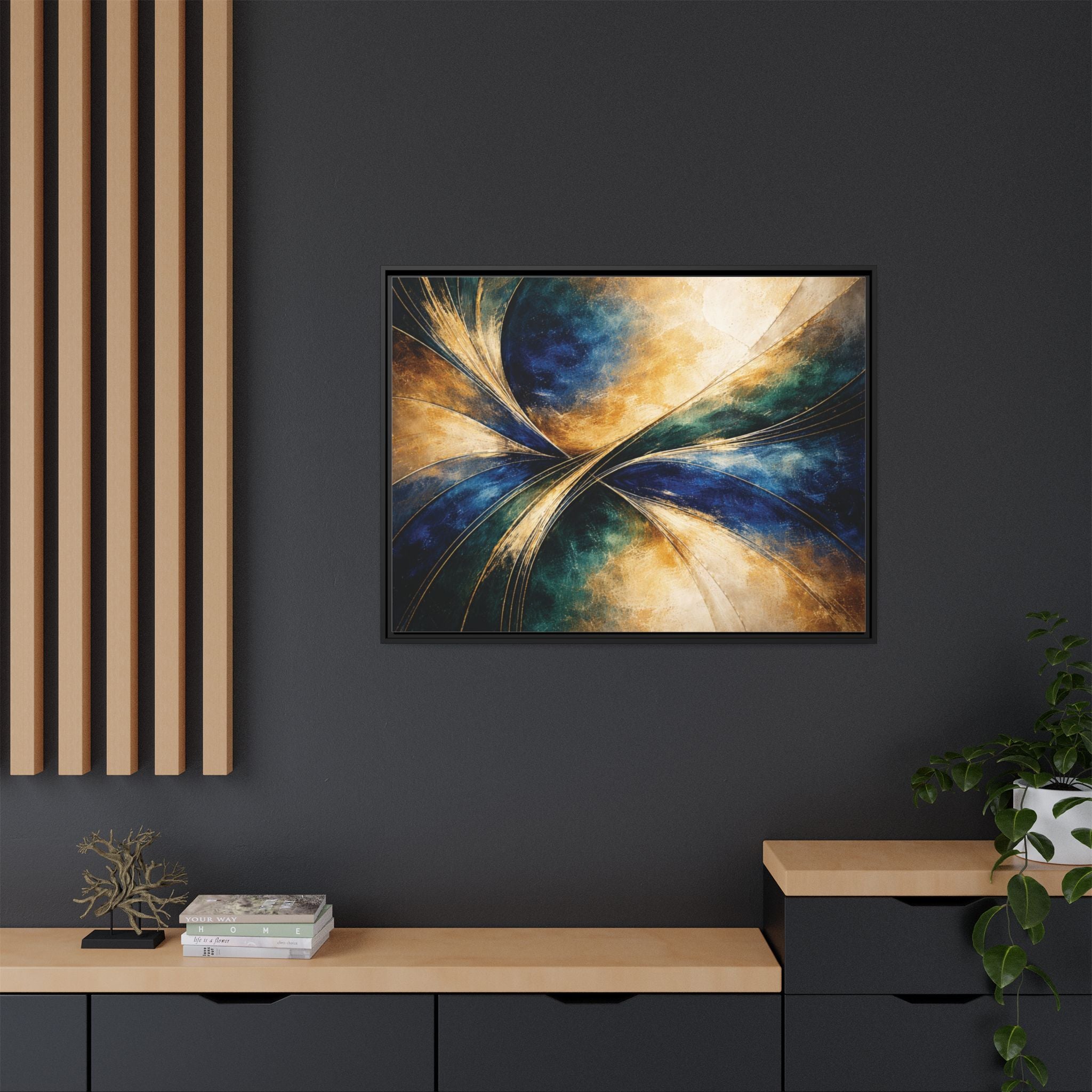 Gilded Convergence  Luxe NeoDeco Blue & Gold Abstract Wall Art Framed