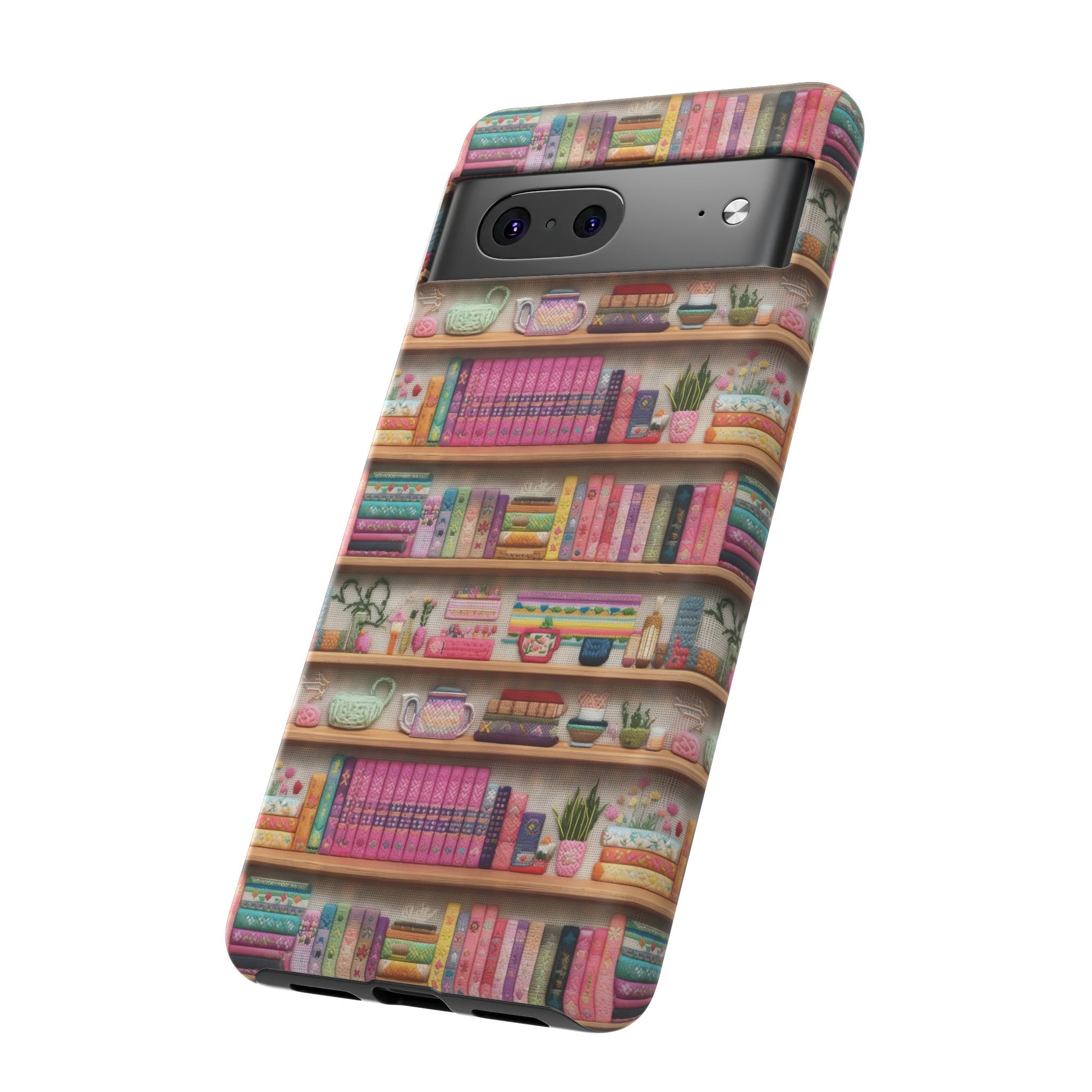 Whimsical 3D Embroidery Illusion Books on Pastel Shelves Phone Case for iPhone, Samsung & Pixel: Unique Accessory for Literary Enthusiasts Gift for Her Perfect for Floral Lover
