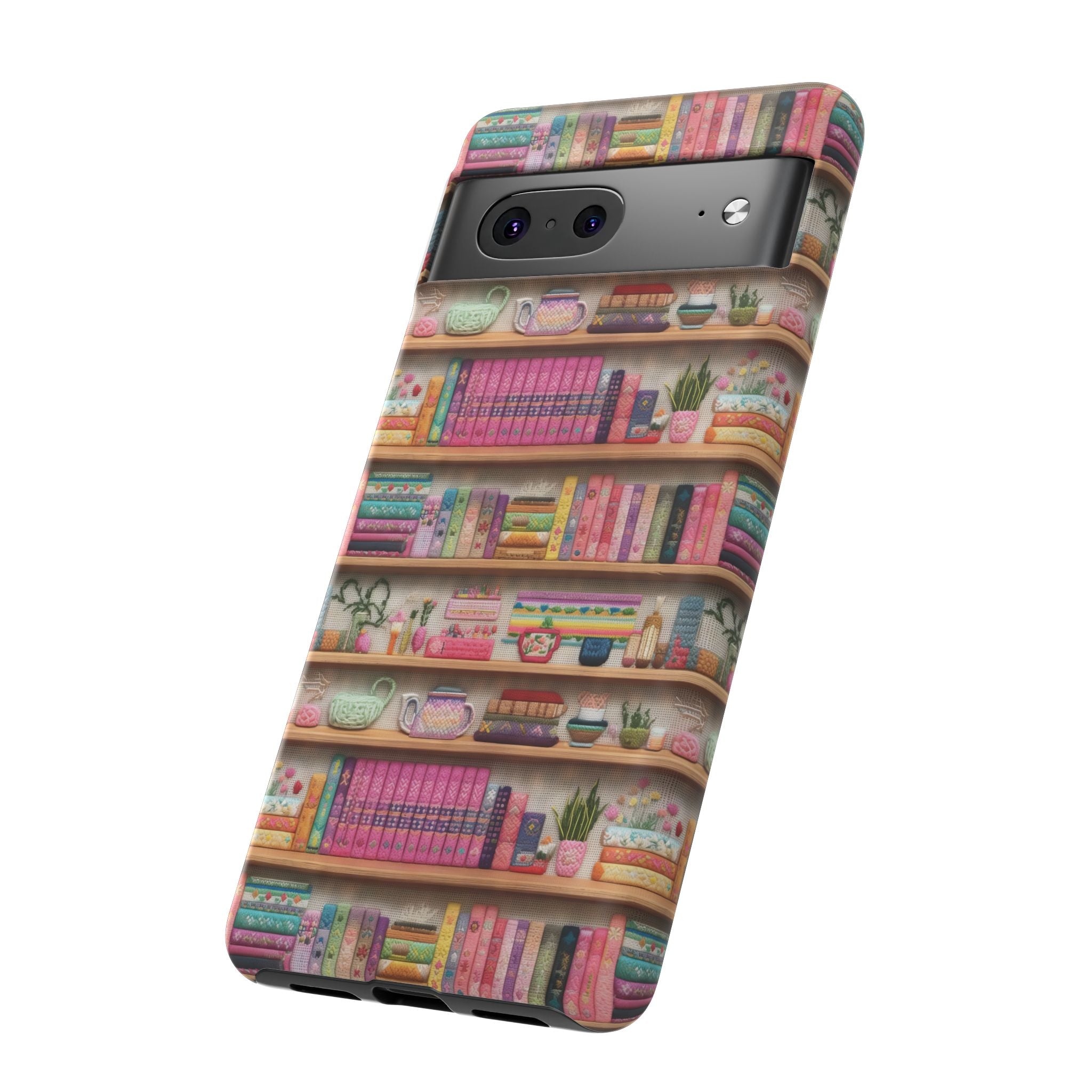 Whimsical 3D Embroidery Illusion Books on Pastel Shelves Phone Case for iPhone, Samsung & Pixel: Unique Accessory for Literary Enthusiasts Gift for Her Perfect for Floral Lover