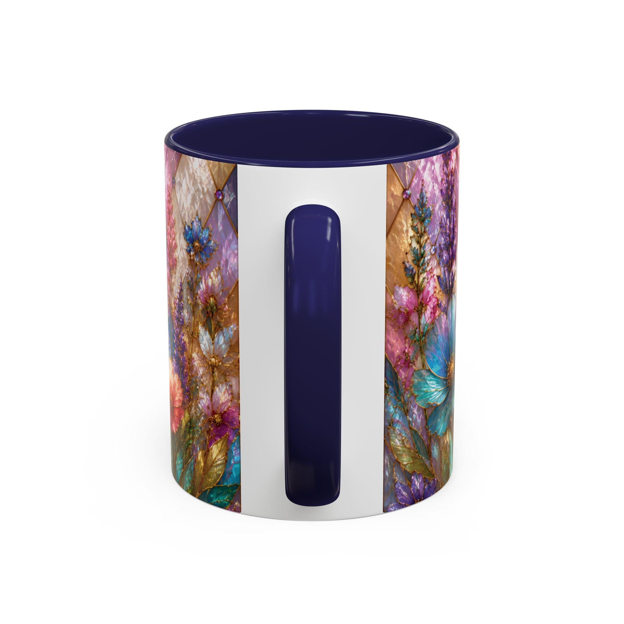 Floral Mosaic Accent Coffee Mug — Colorful Garden Flowers 11/15oz Stain Glass Illusion