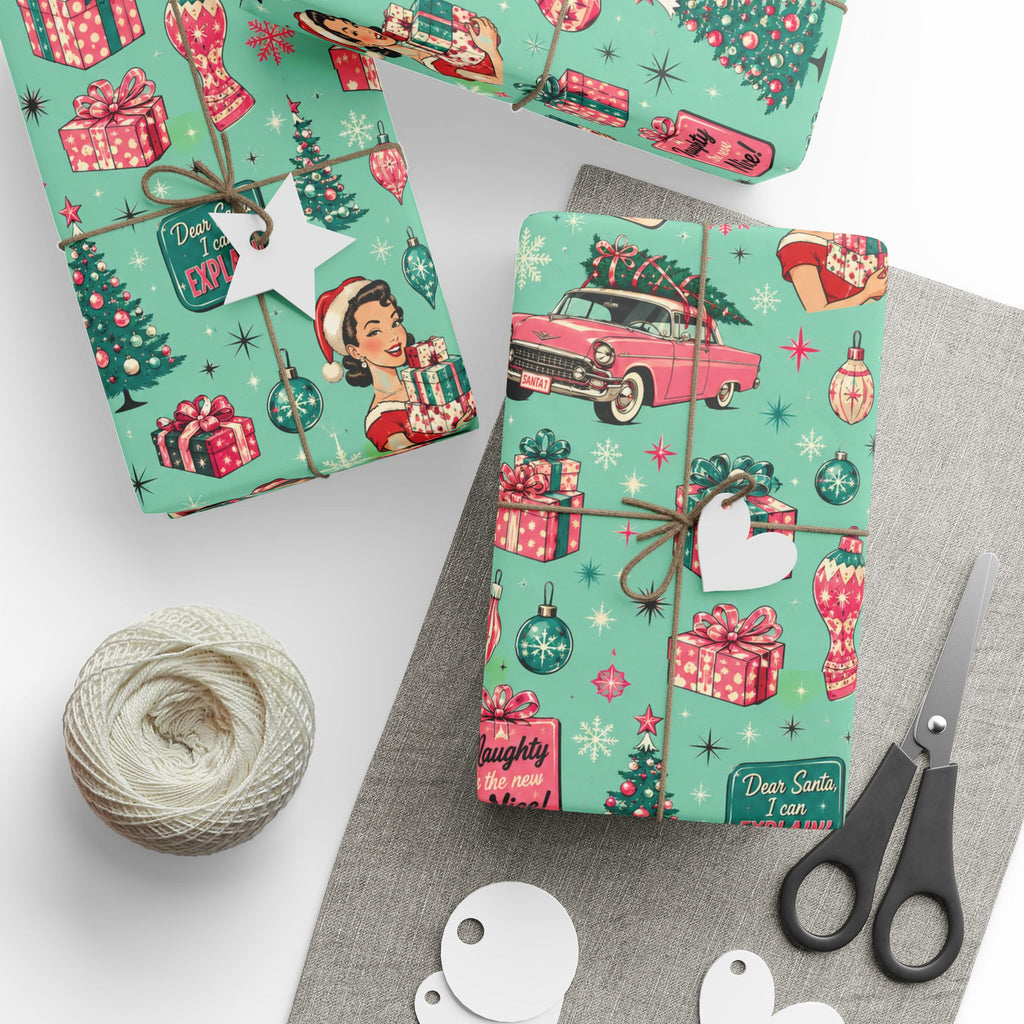 Christmas-themed gift wrap with vintage car and gift box design, scissors, and yarn on a white background.