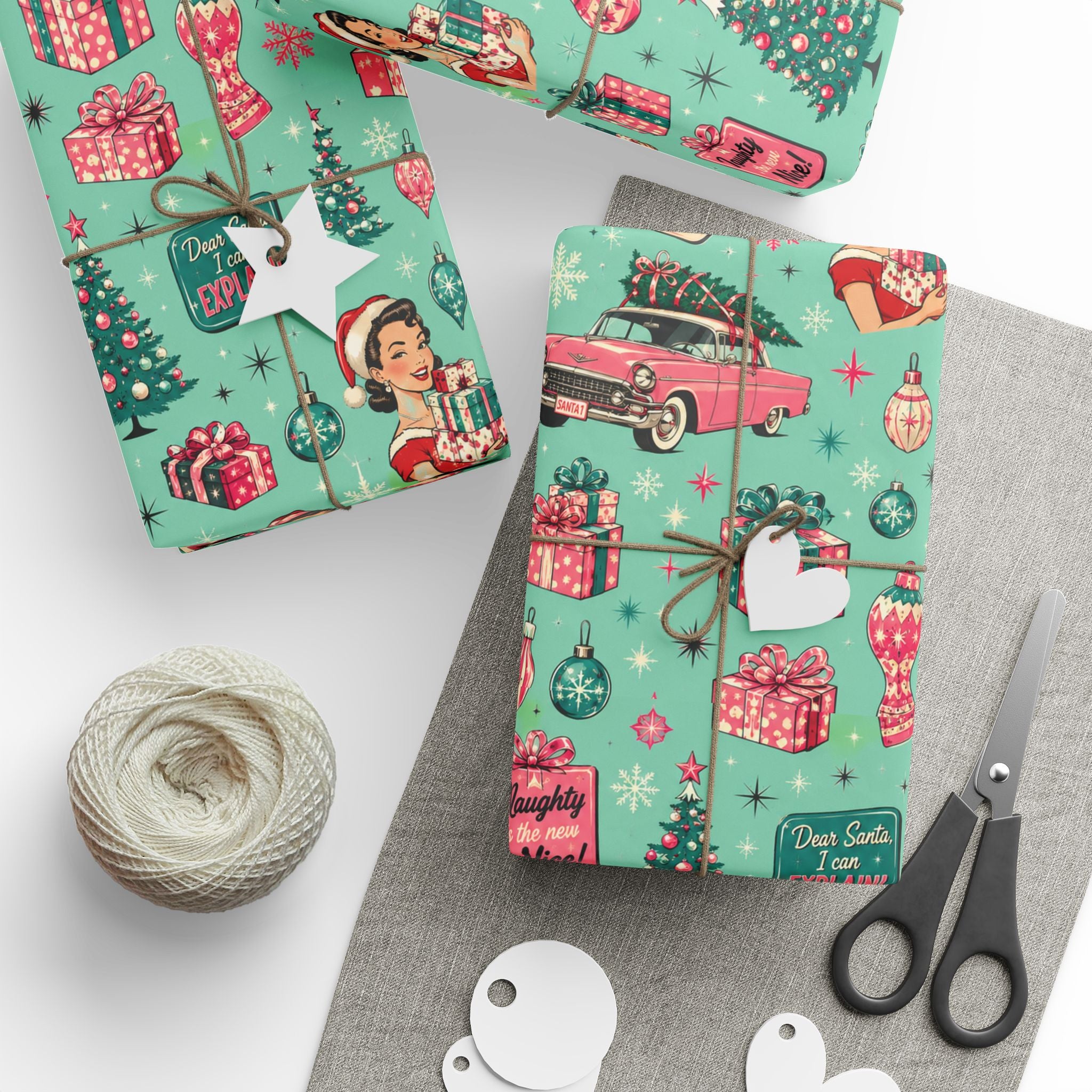 Funny Retro Christmas Wrapping Paper  Vintage Pink Holiday Gift Wrap  Mid Century Christmas Gifts Cute Nostalgic Xmas Paper