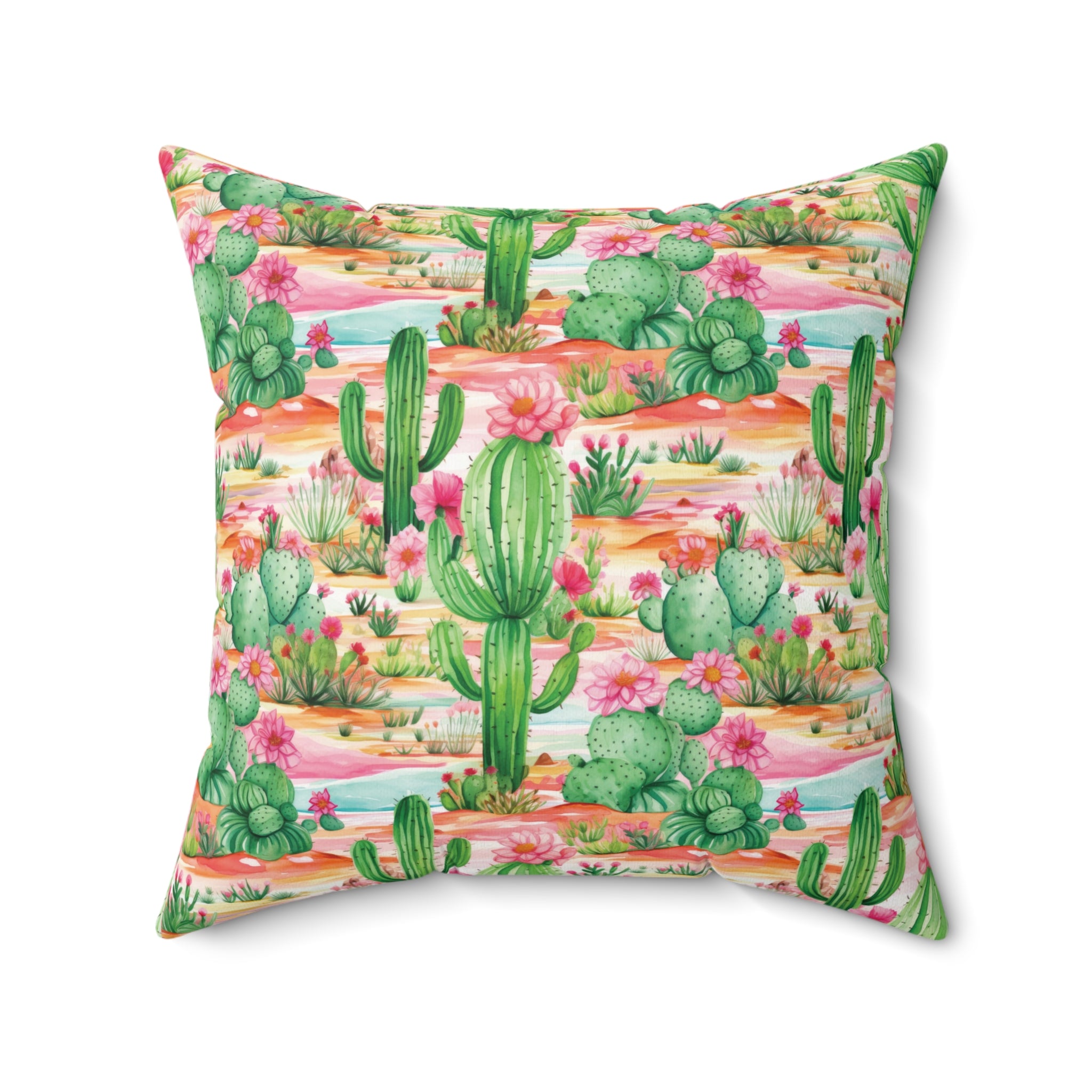 Cactus Pillow Pink and Mint Green Cactus Decorative Pillow  Stylish Square Cushion with Cactus Flowers | Vibrant Home Décor Accent for a Fresh, Nature-Inspired Look