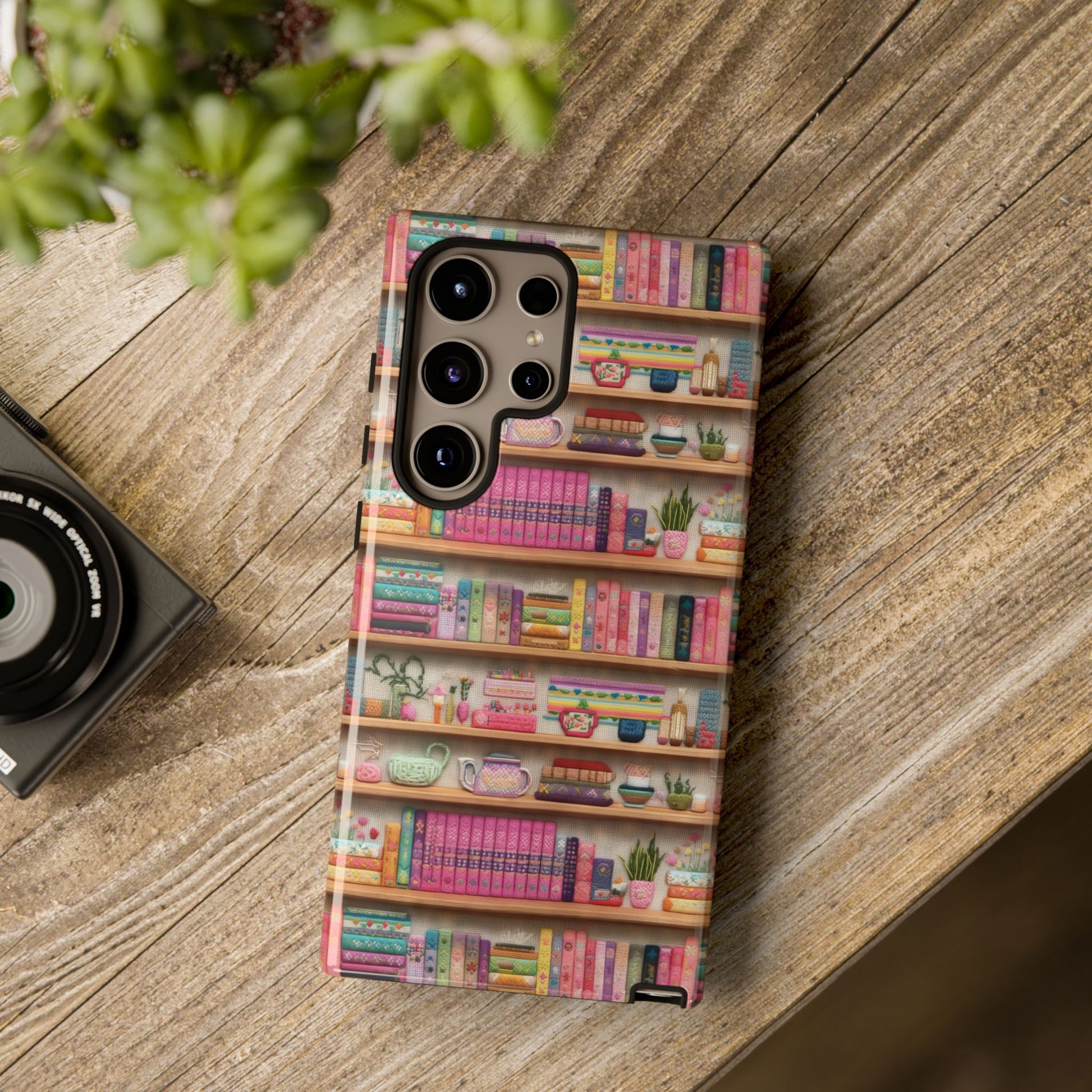 Whimsical 3D Embroidery Illusion Books on Pastel Shelves Phone Case for iPhone, Samsung & Pixel: Unique Accessory for Literary Enthusiasts Gift for Her Perfect for Floral Lover
