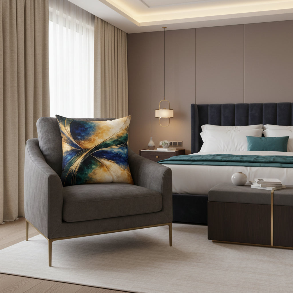 Decorative pillow with abstract leaf design in blue, green, and brown on a white background