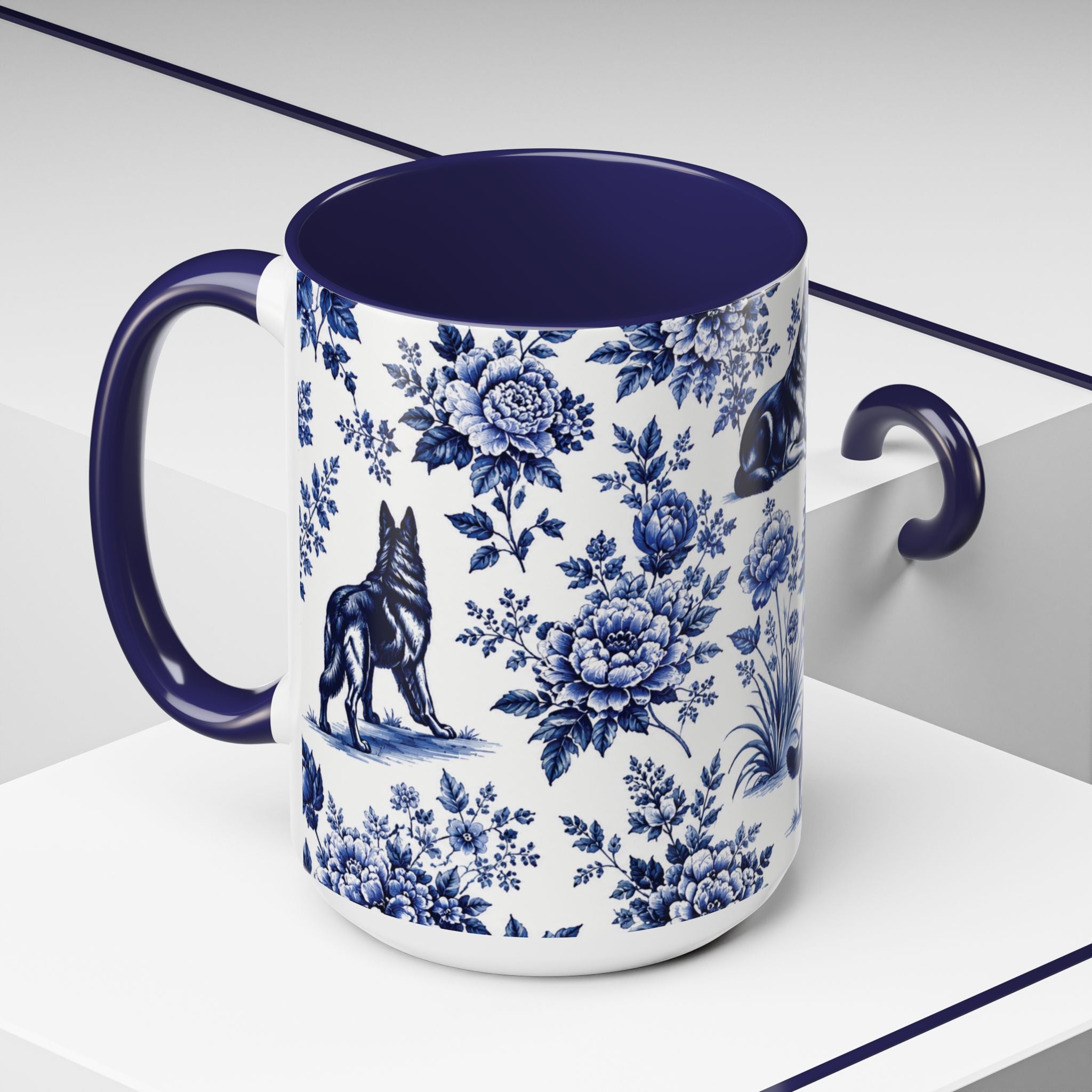 Elegant German Shepherd Floral Mug | Luxury Blue Toile Coffee Mug 11/15oz Accent Ceramic
