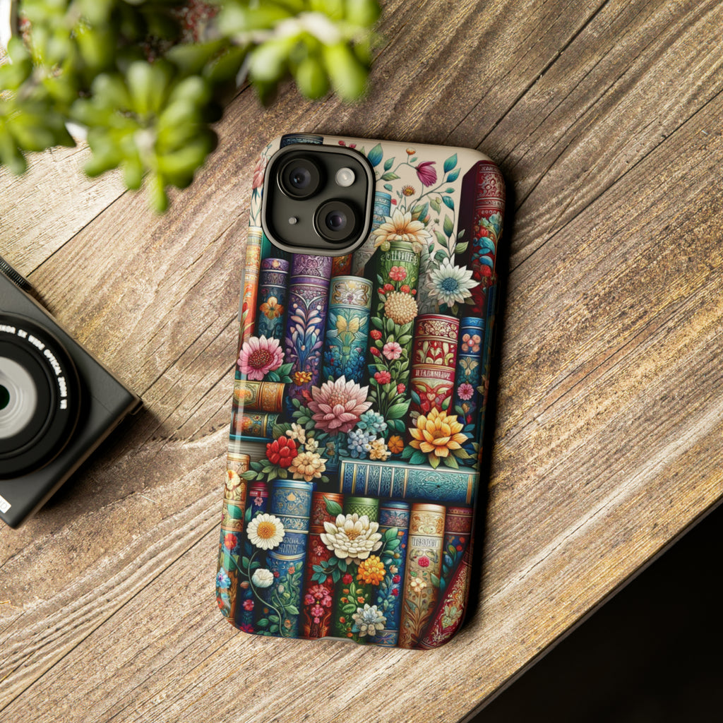 Books and Floral Boho Luxury Phone Tough Case Floral Elegant Durable Stylish for Modern Devices iPhone 15, Samsung iPhone Samsung Accessory Gift for Her.