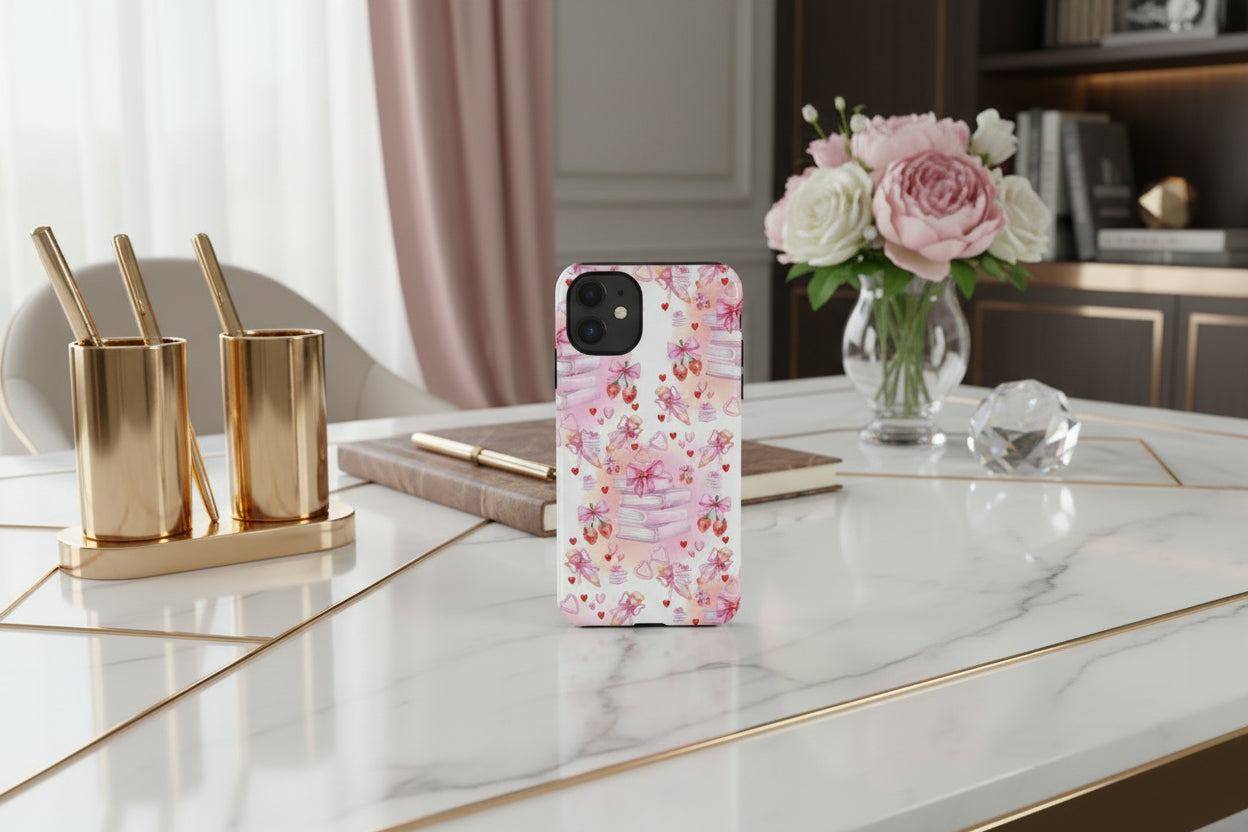 Phone case with pink and white design featuring hearts, bows, and books on a white background