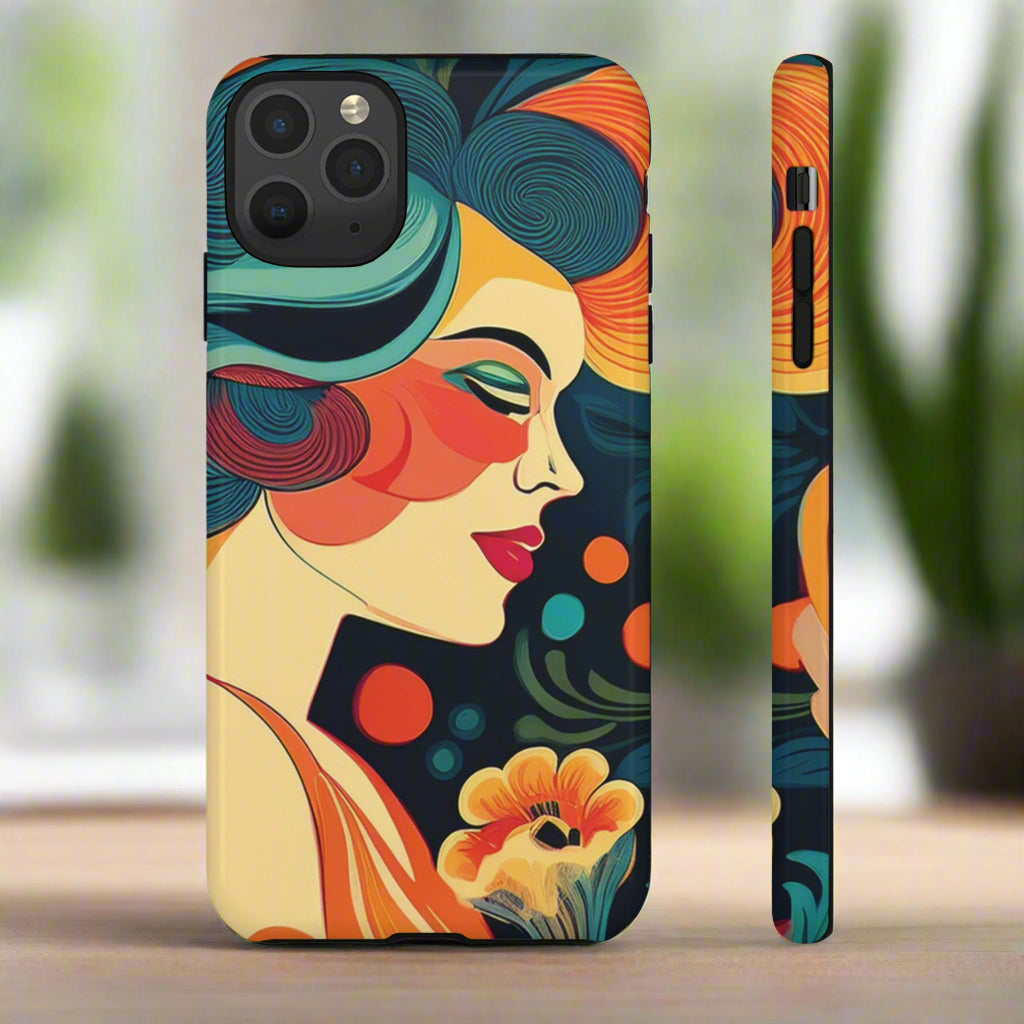 Phone case with colorful design of a woman's face and flowers on a white background