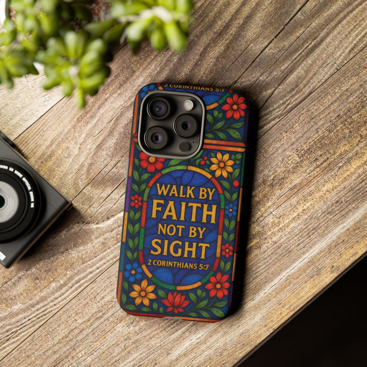 Walk by Faith Stain Glass Illusion Everywhere Christian Tough Phone Case with Bible Verse or Affirmation  Protective, Inspirational Gift for Christians