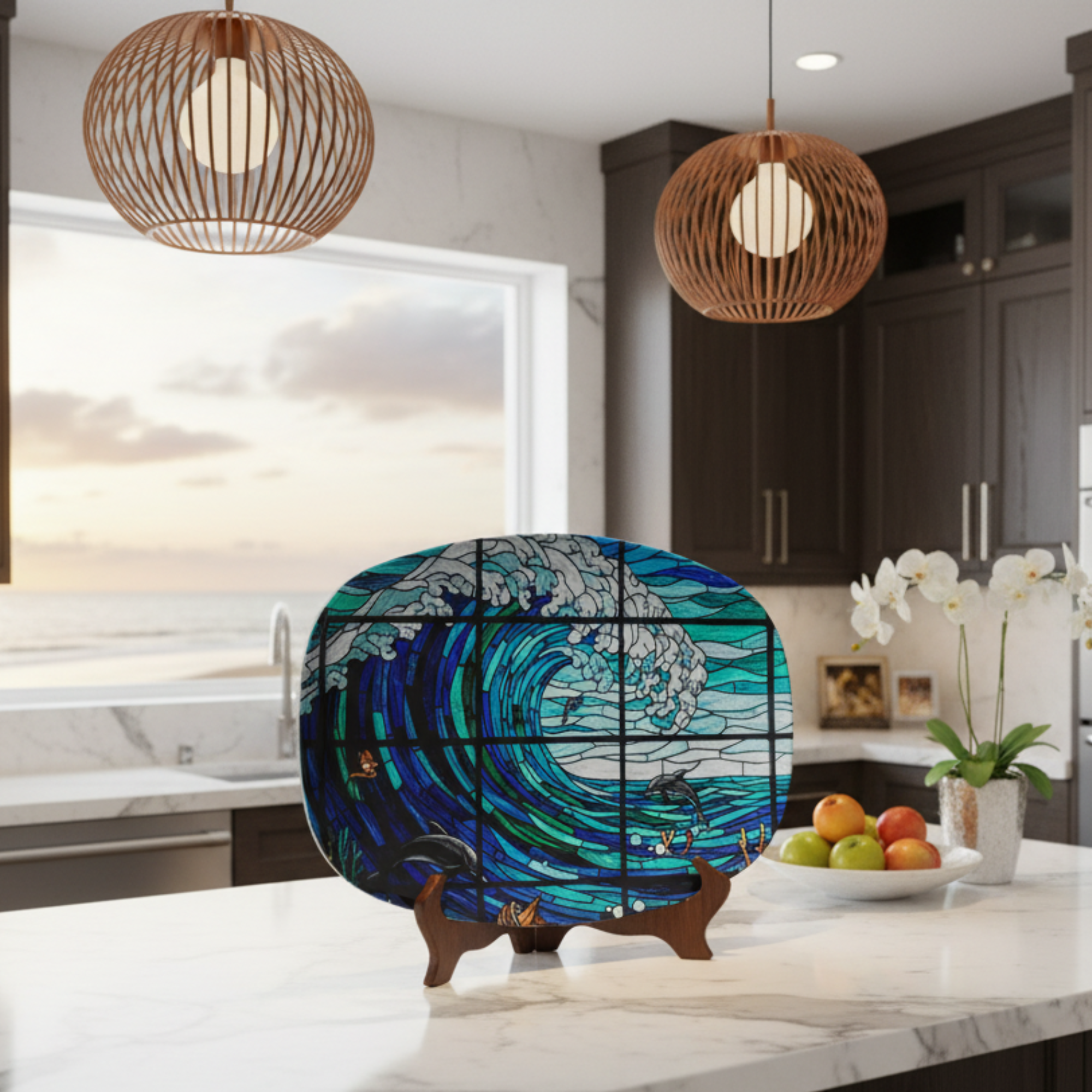 Ocean View Waves Platter Coastal Beach Stained Glass Design Serving Plate