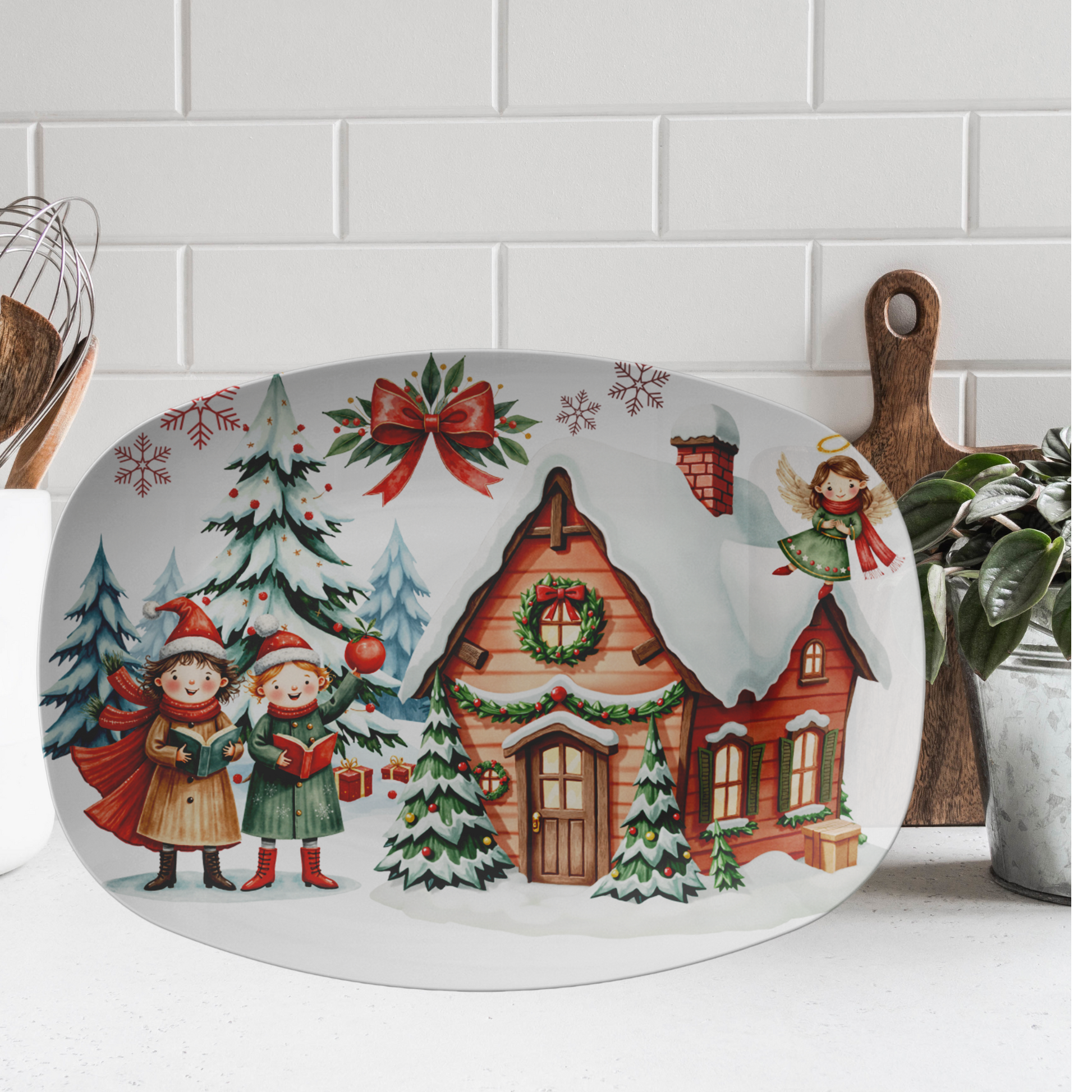 Vintage Christmas 10x14 Serving Platter  Old-World Holiday Tray, Oven-to-Table, Microwave Dishwasher Safe, BPA-Free, USA-Made, Festive Gift Ideas