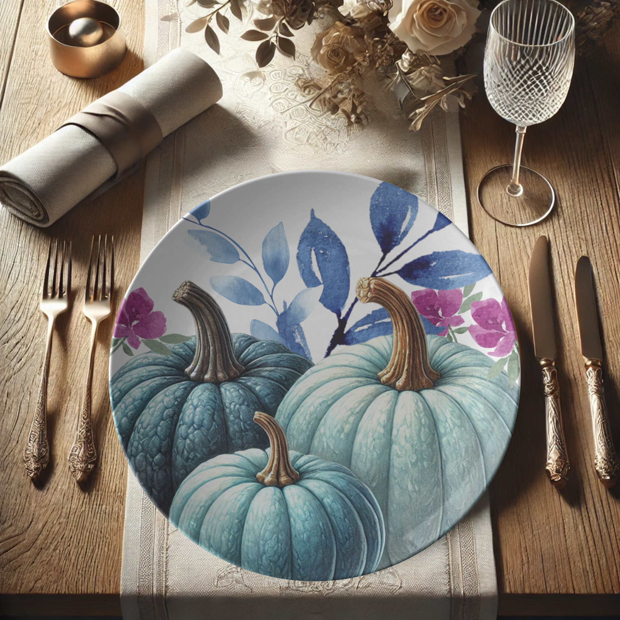Elegant Fall Blue Pumpkins 10 Inch Decorative Plate Perfect for Autumn Home Décor, Thanksgiving Table Settings, Seasonal Parties, and Stylish Kitchen Accents - MRSBYVALLE