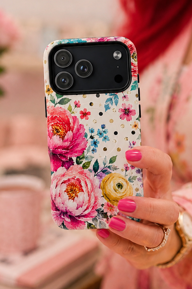 A person with bright red hair holds up a smartphone case featuring a colorful floral print with pink, yellow, and blue flowers on a white background. The person is wearing a matching pink floral robe, and the background is a soft-focus pink-themed room with flowers, a candle, and a notebook.