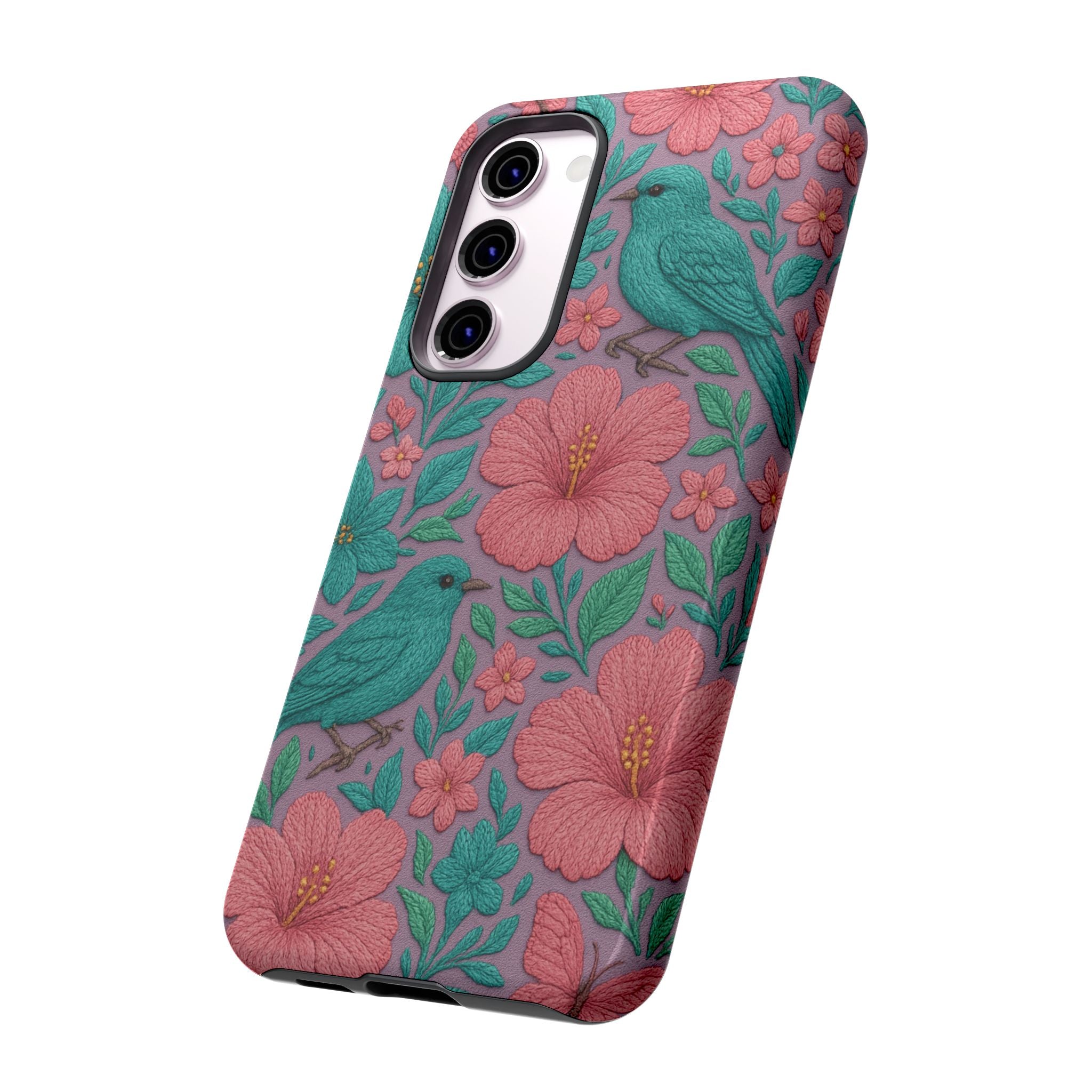 Turquoise, Pink and Lavender 3D Embroidery Illusion Phone Case Tropical Flowers, Birds & Butterflies Cover with Bold, Realistic Floral Texture iPhone, Samsung