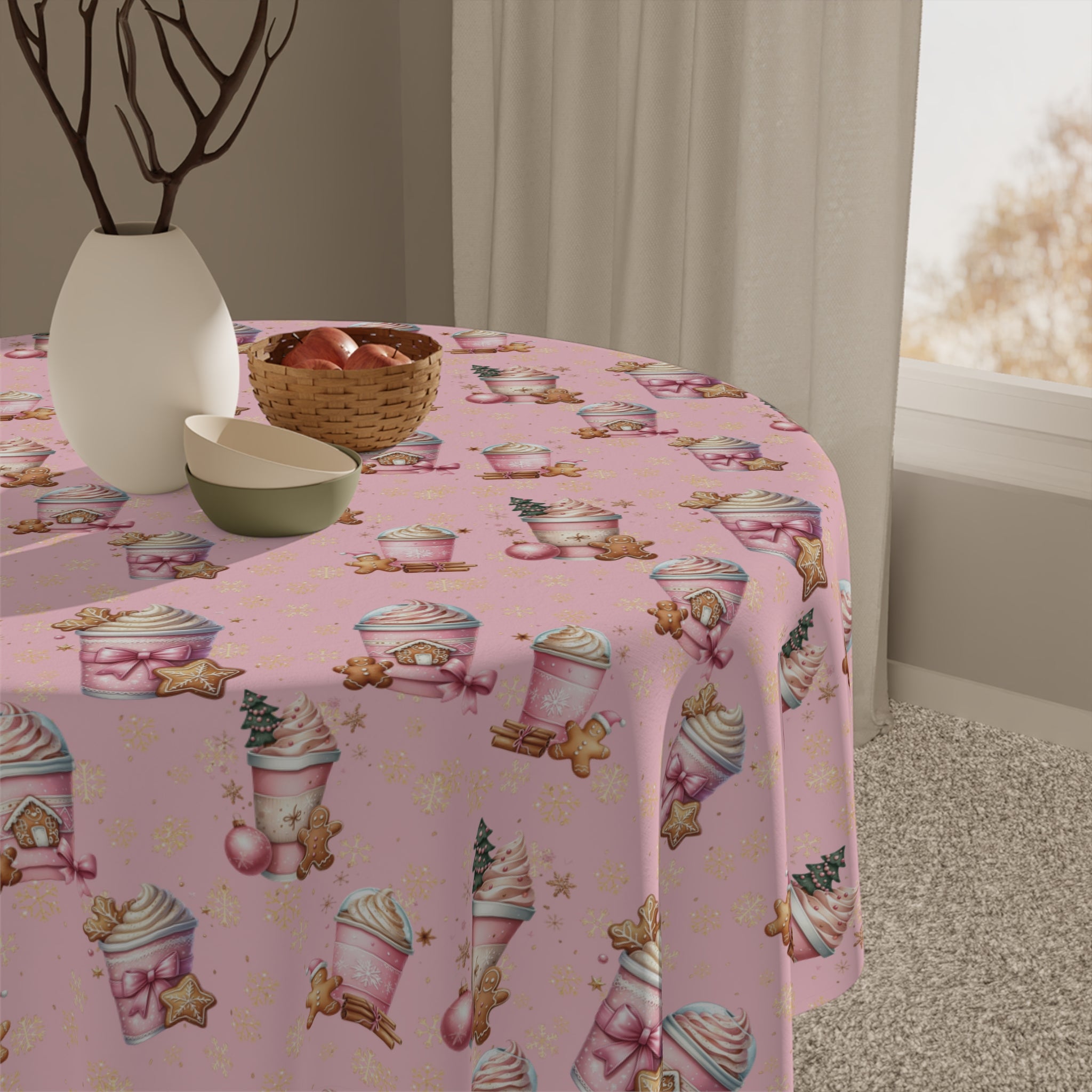 Christmas Pink Gingerbread People with Coffee Tablecloth Festive Holiday Dining Decor, Vibrant Colors, Perfect for Adding Whimsy to Your Table Setting (55.1"x55.1") | Soft & Lightweight Unique Holiday Gift for Housewarming, Parties - MRSBYVALLE