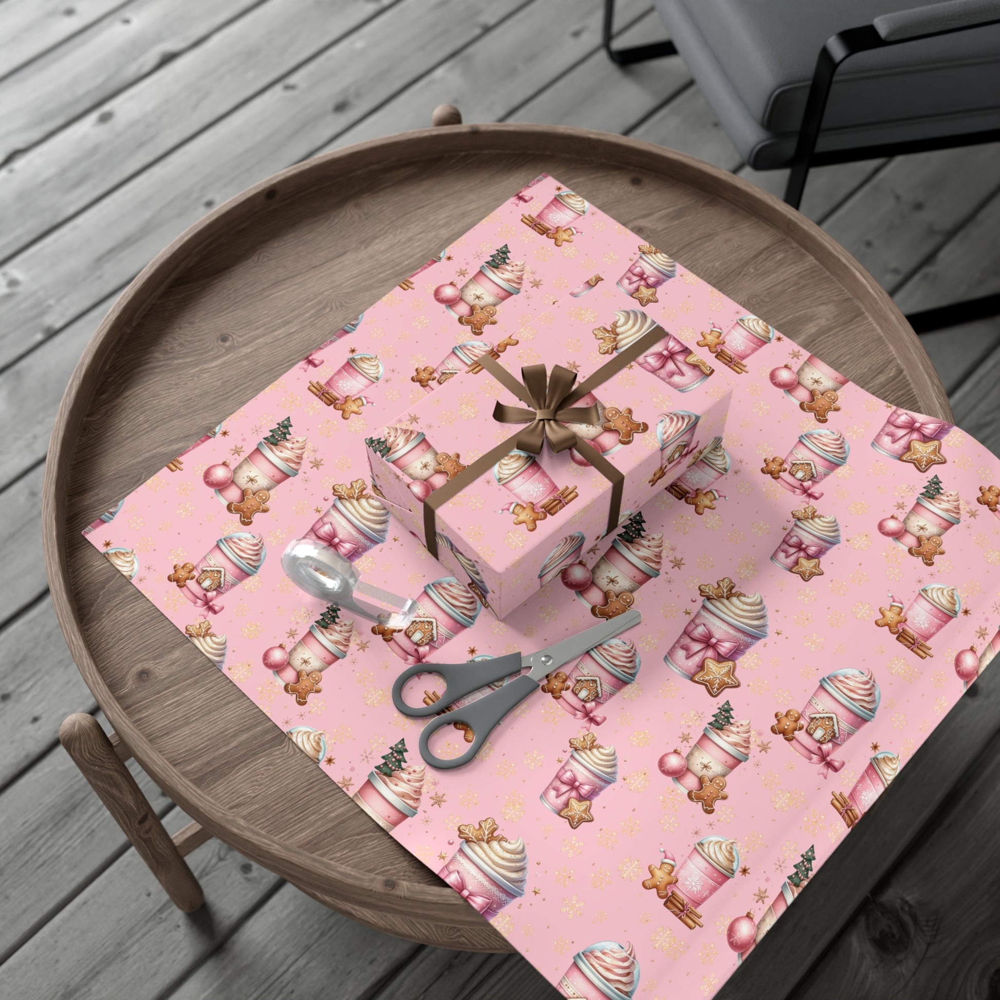 Whimsical Pink Gingerbread People with Coffee Delights Wrapping Paper Festive, Playful, and Perfect for Adding a Sweet Touch to Your Holiday Gifts Moms - MRSBYVALLE