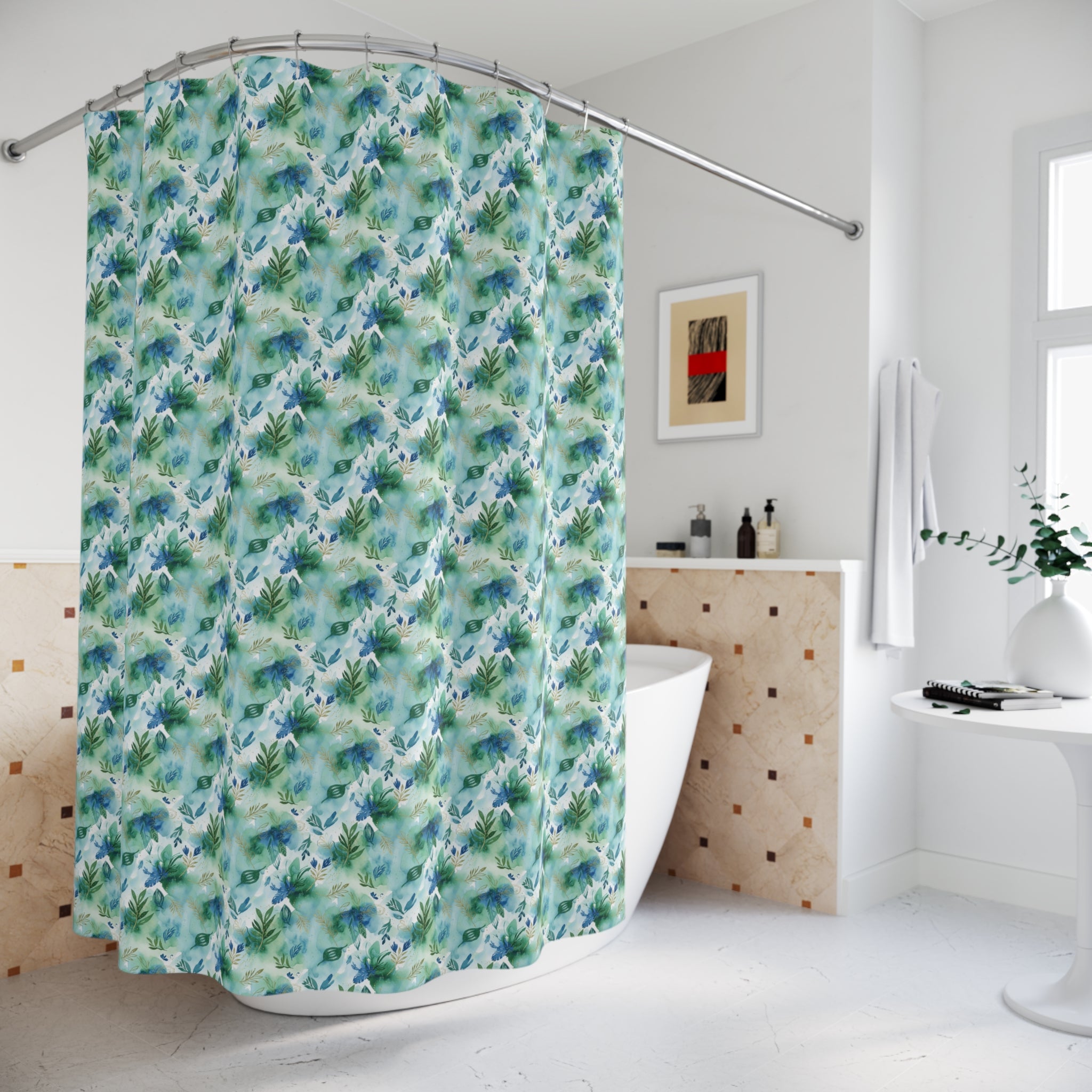Boho Watercolor Shower Curtain | Modern Blue Green Artistic Design | Stylish Bathroom Upgrade | Unique Home Décor for a Fresh, Contemporary