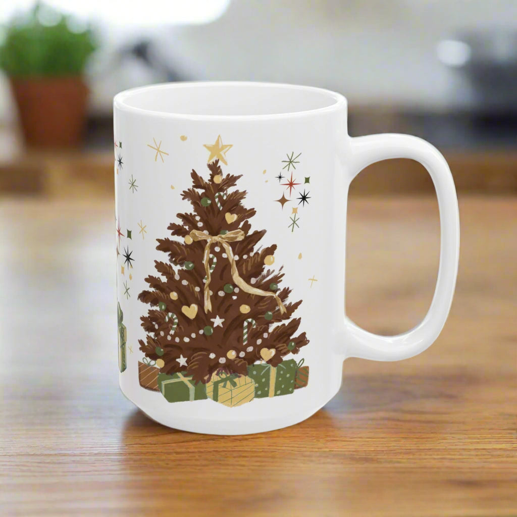 Brown Christmas Tree Mug, 11oz  15oz Holiday Coffee Cup, Rustic Winter Mug, Cozy Hot Chocolate Mug, Christmas Gift Idea, Festive Morning Vibes