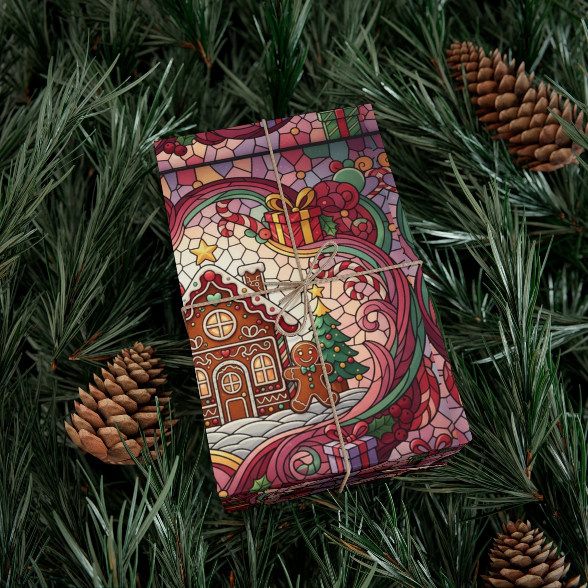 Stained Glass Gift Wrap Papers, Gingerbread House and Family Design - Wrapping Sheets, Festive Holiday Craft Supplies, Christmas Decoration