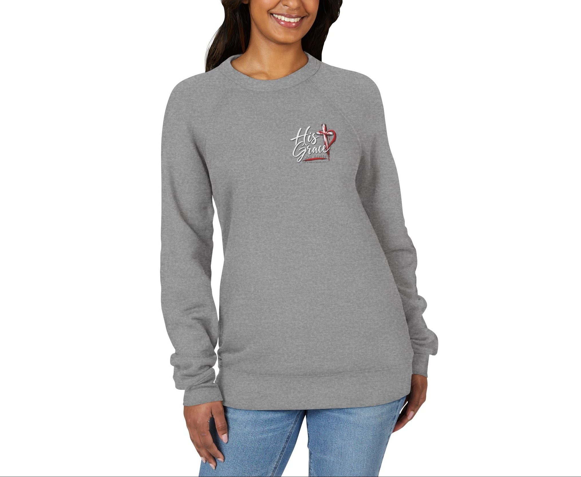 Woman wearing a gray sweatshirt on a white background