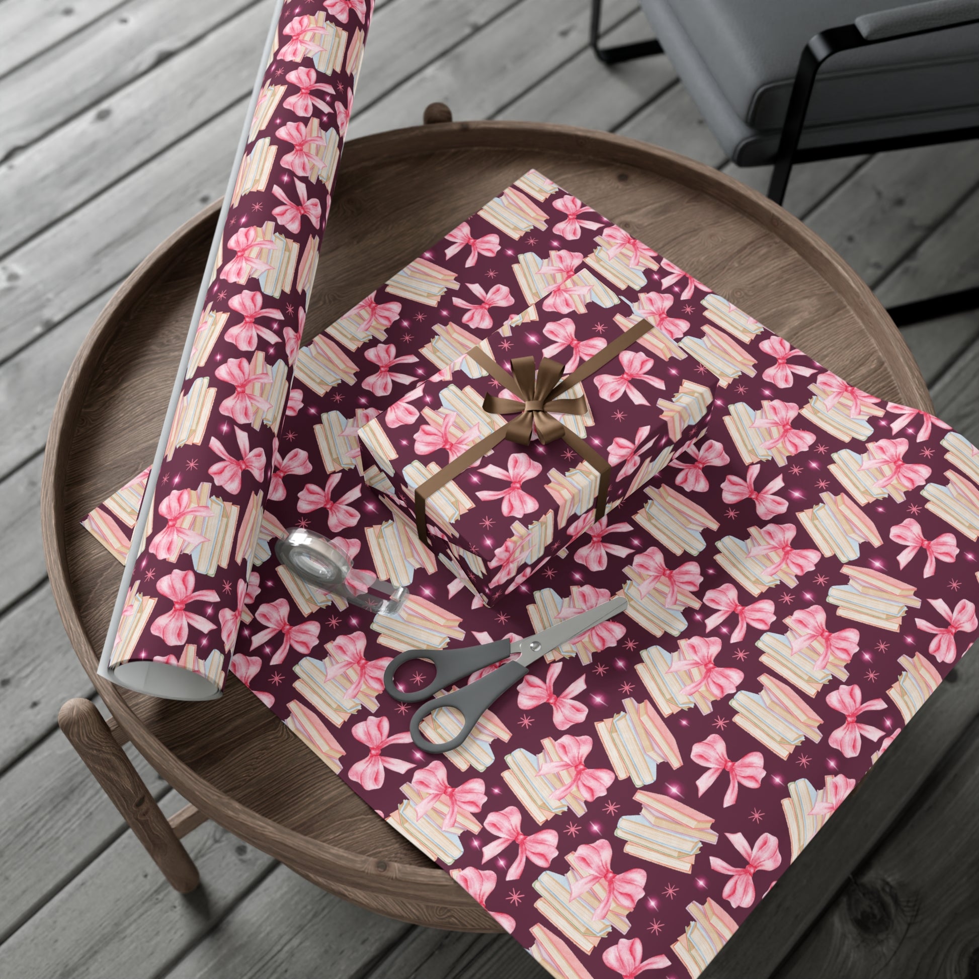 Coquette Pink Bows Books Plum Wrapping Paper Festive Holiday Gift Wrap with Perfect for Christmas Presents, Crafting, & Holiday Decor – Premium Quality - MRSBYVALLE