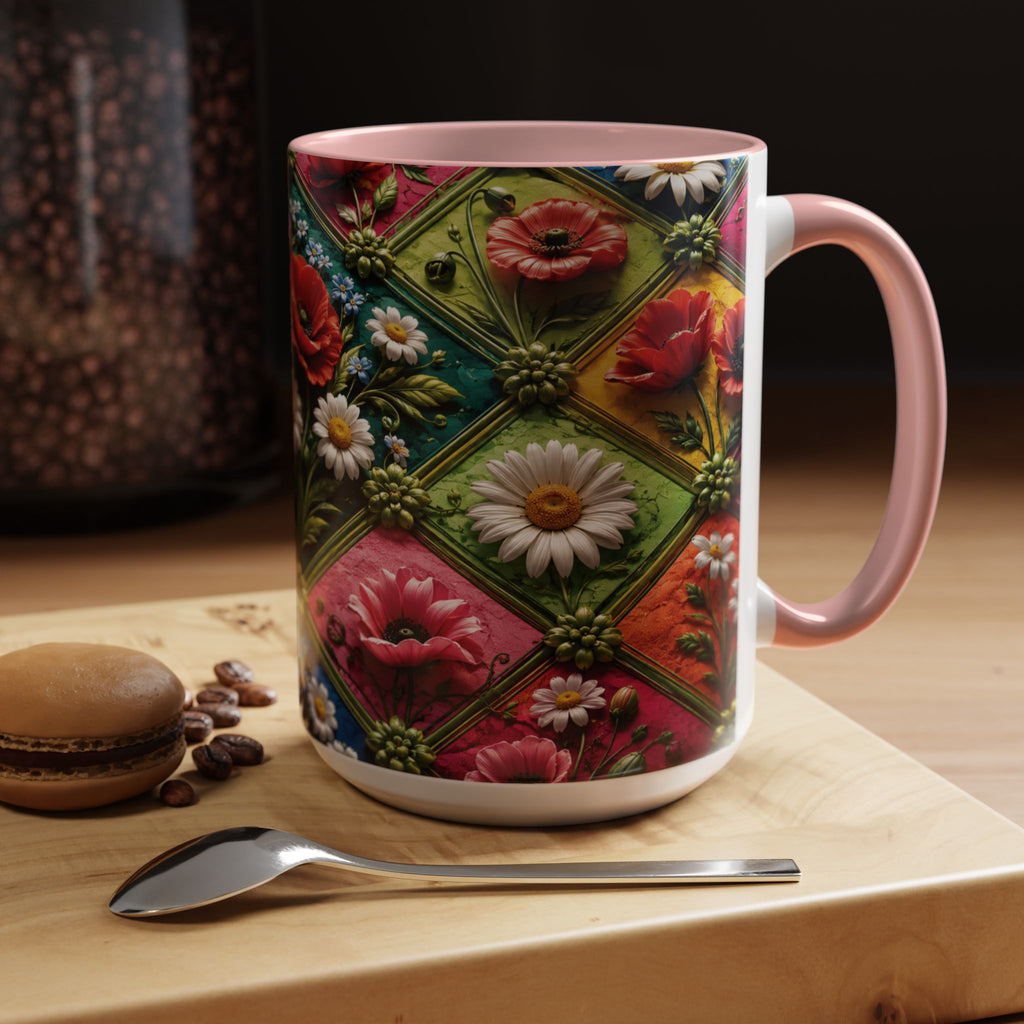 Floral Patchwork Accent Coffee Mug — Colorful Poppies & Daisies (11/15oz) 3D Illusion