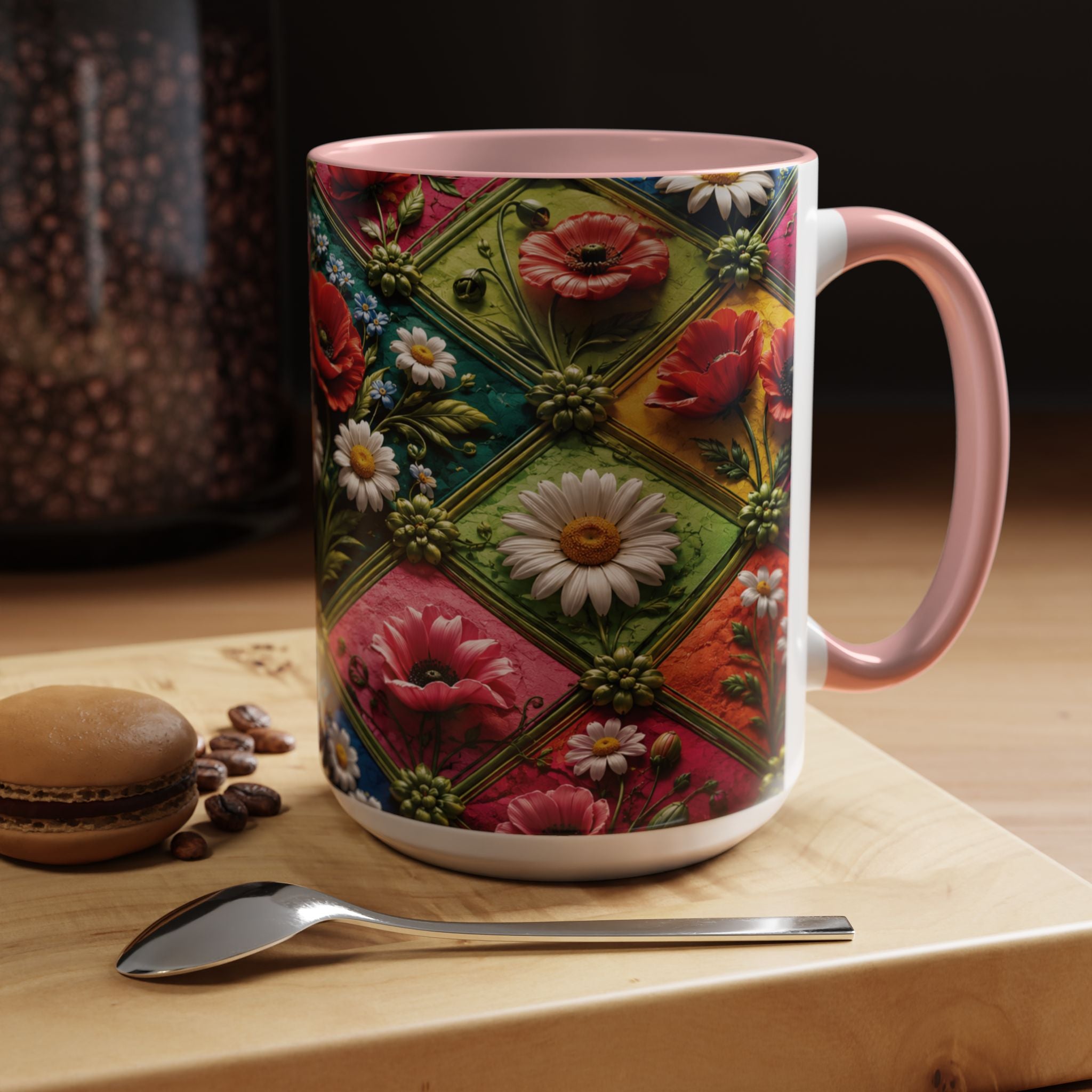 Floral Patchwork Accent Coffee Mug — Colorful Poppies & Daisies (11/15oz) 3D Illusion