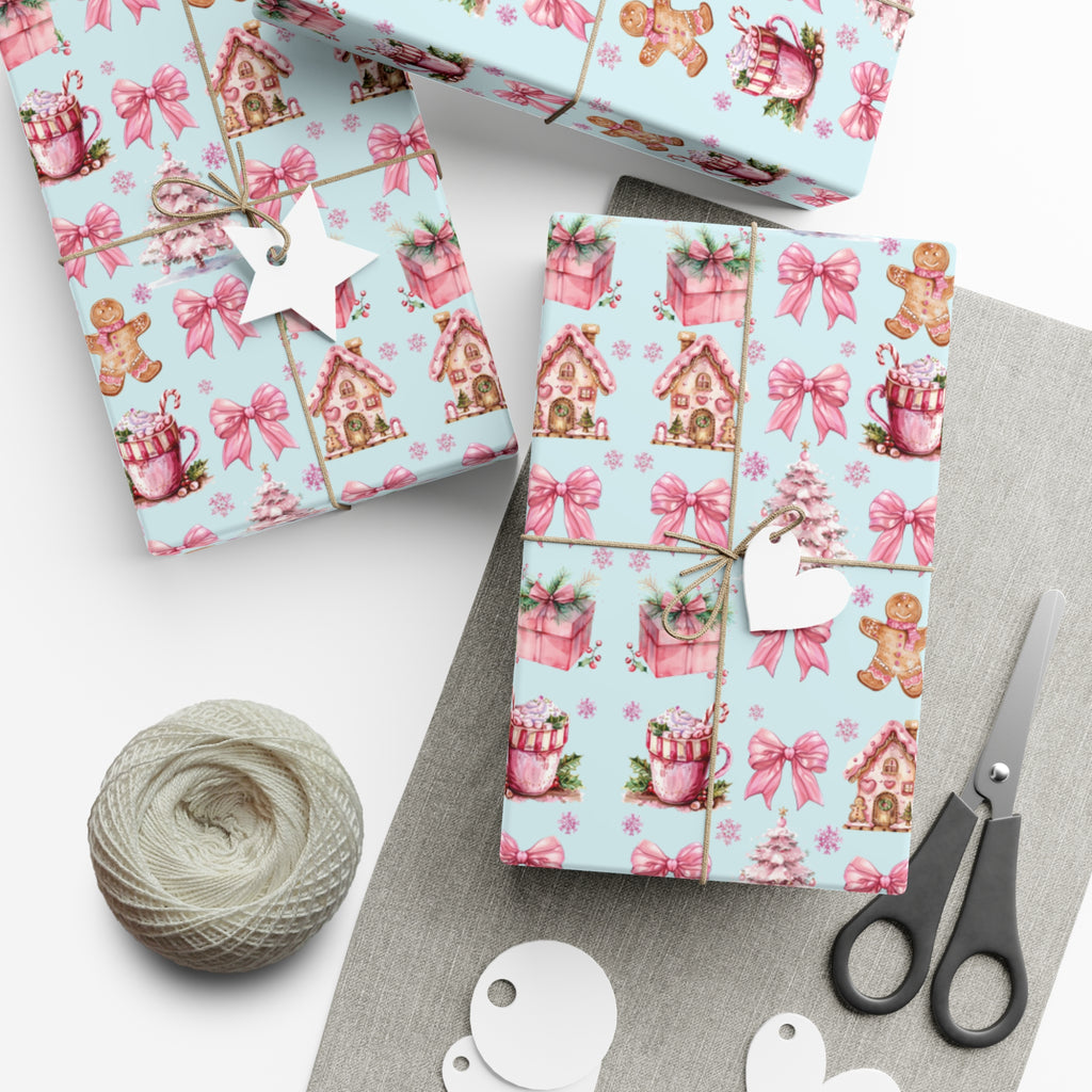 Coquette Pink Gingerbread House Man Wrapping Paper with Adorable Pink Bows Perfect for Whimsical Christmas Gift Wrap | Festive Holiday Present Wrapping Sheets - MRSBYVALLE