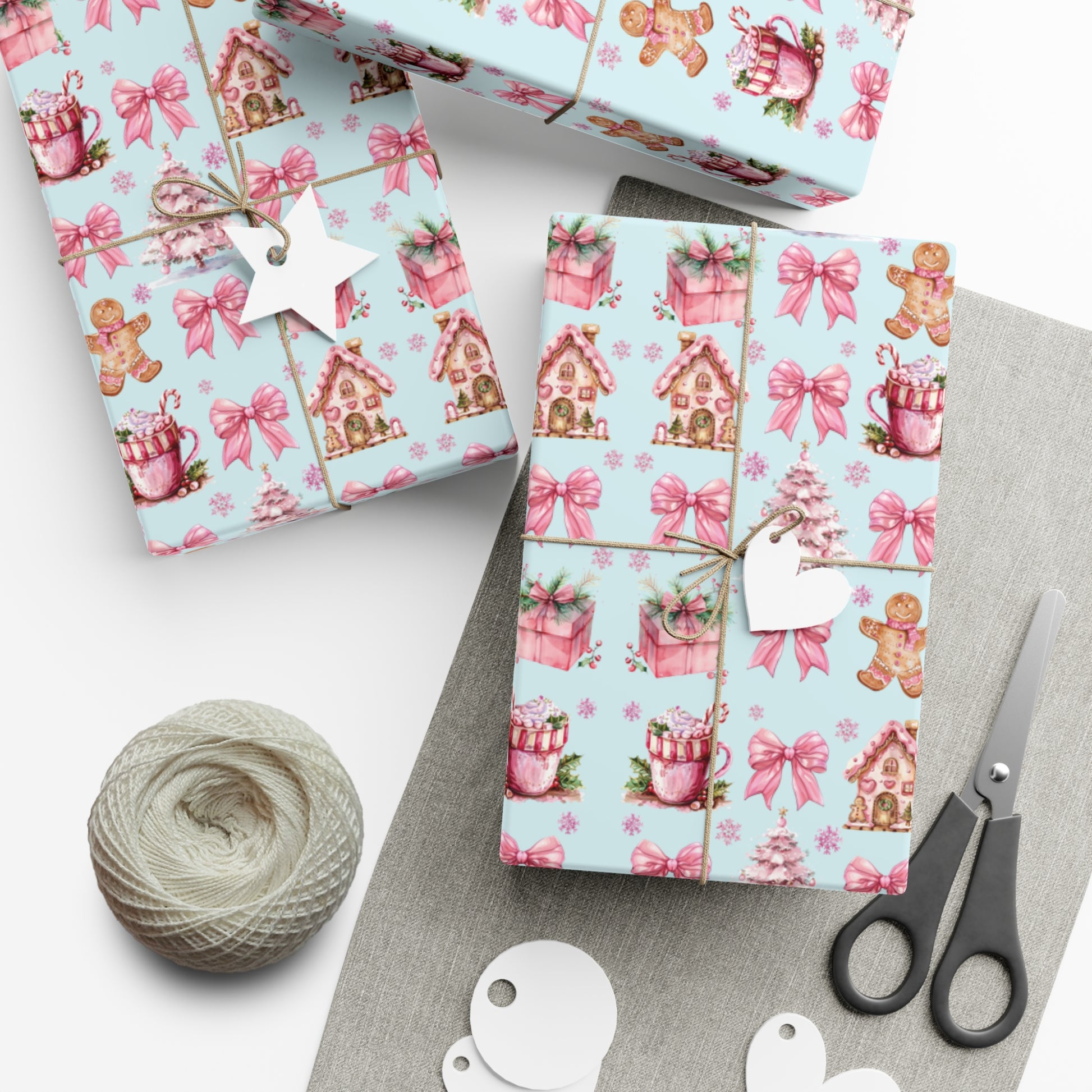 Coquette Pink Gingerbread House Man Wrapping Paper with Adorable Pink Bows Perfect for Whimsical Christmas Gift Wrap | Festive Holiday Present Wrapping Sheets - MRSBYVALLE