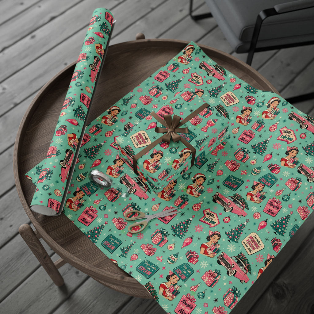 Funny Retro Christmas Wrapping Paper  Vintage Pink Holiday Gift Wrap  Mid Century Christmas Gifts Cute Nostalgic Xmas Paper