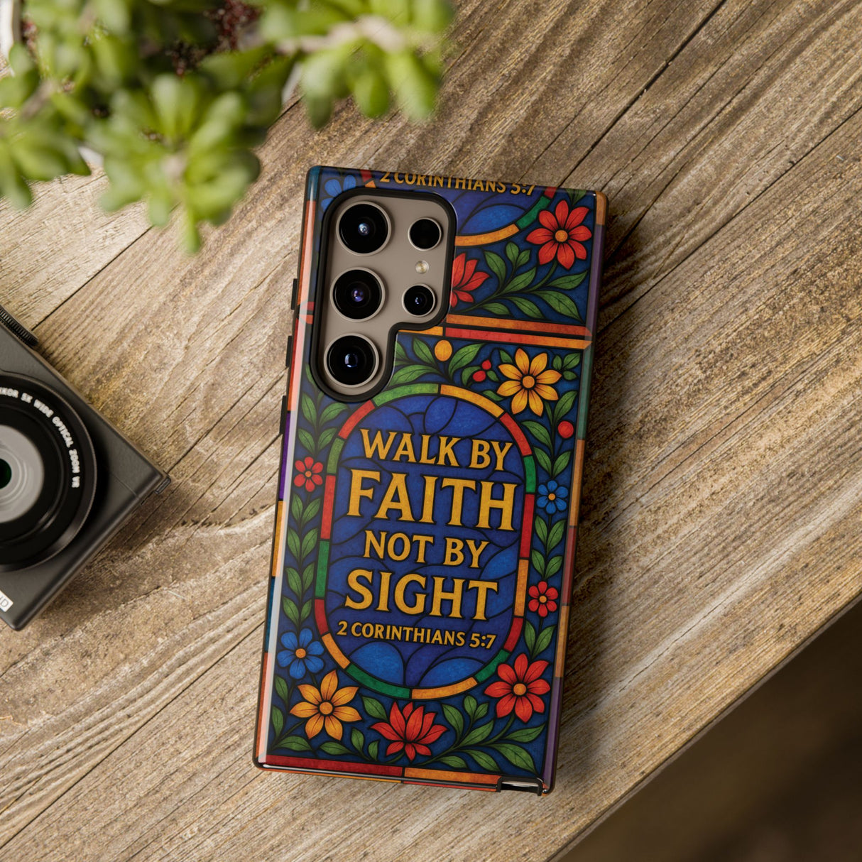 Walk by Faith Stain Glass Illusion Everywhere Christian Tough Phone Case with Bible Verse or Affirmation  Protective, Inspirational Gift for Christians