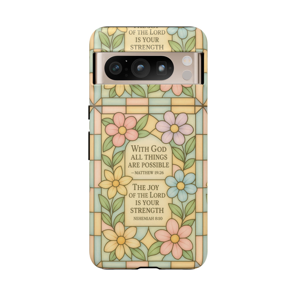 Pastel Stained Glass Bible Verse Phone Case Christian Affirmation Cover, Soft Geometric Design, iPhone Samsung Google, Faith Gift for Her Bible Verse or Affirmation | Protective, Inspirational Gift for Christians