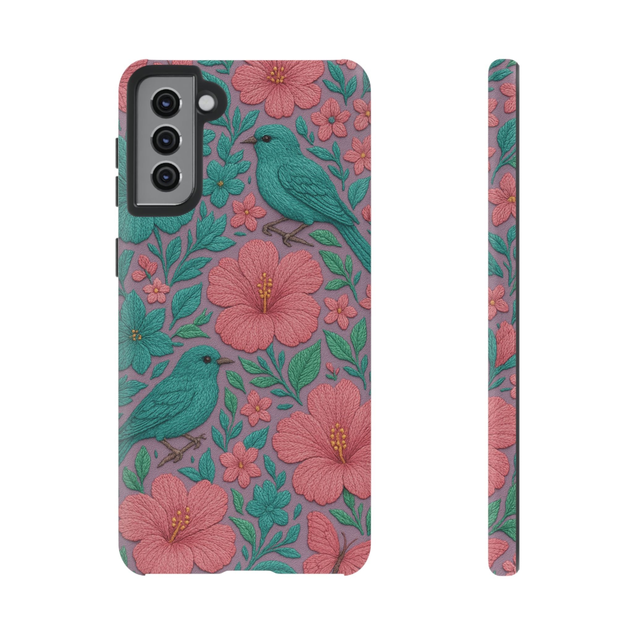 Turquoise, Pink and Lavender 3D Embroidery Illusion Phone Case Tropical Flowers, Birds & Butterflies Cover with Bold, Realistic Floral Texture iPhone, Samsung