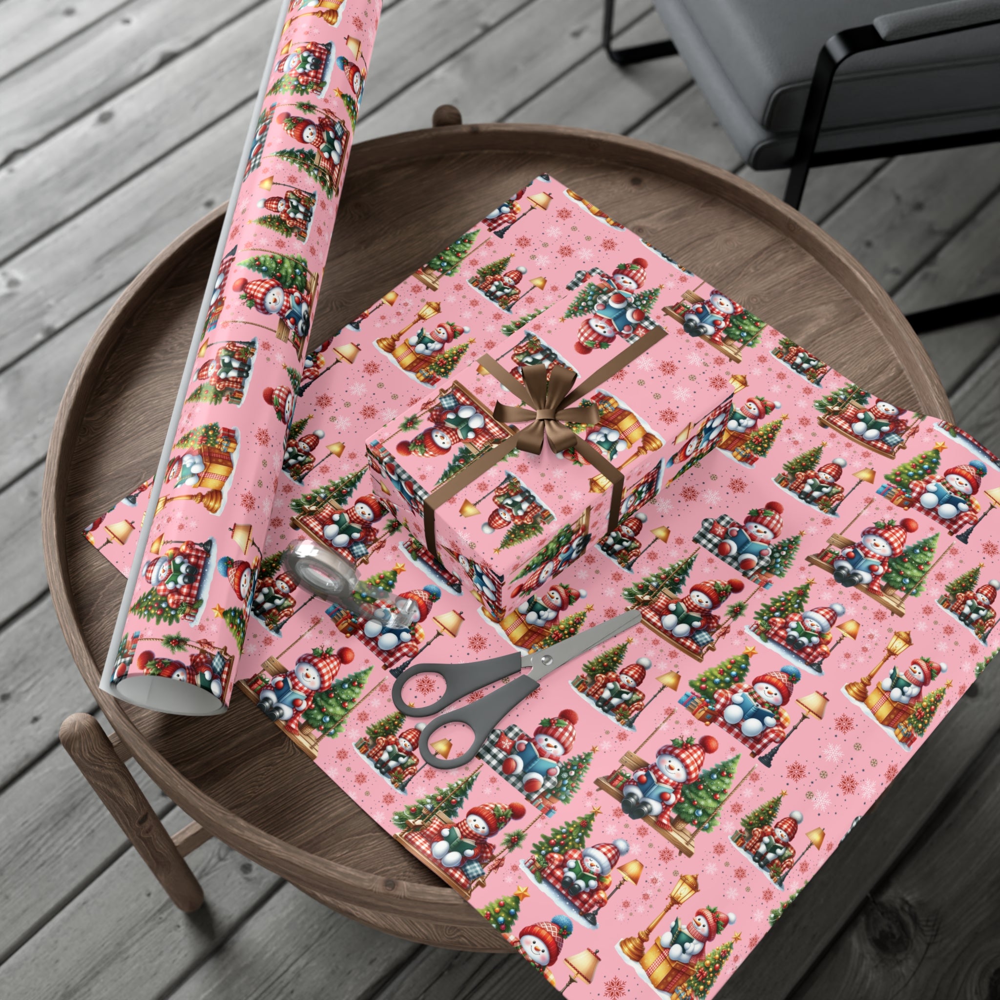 Pink Christmas Snowman Wrapping Paper with Adorable Pink Bows Perfect for Whimsical Christmas Gift Wrap | Festive Holiday Present Wrapping Sheets - MRSBYVALLE