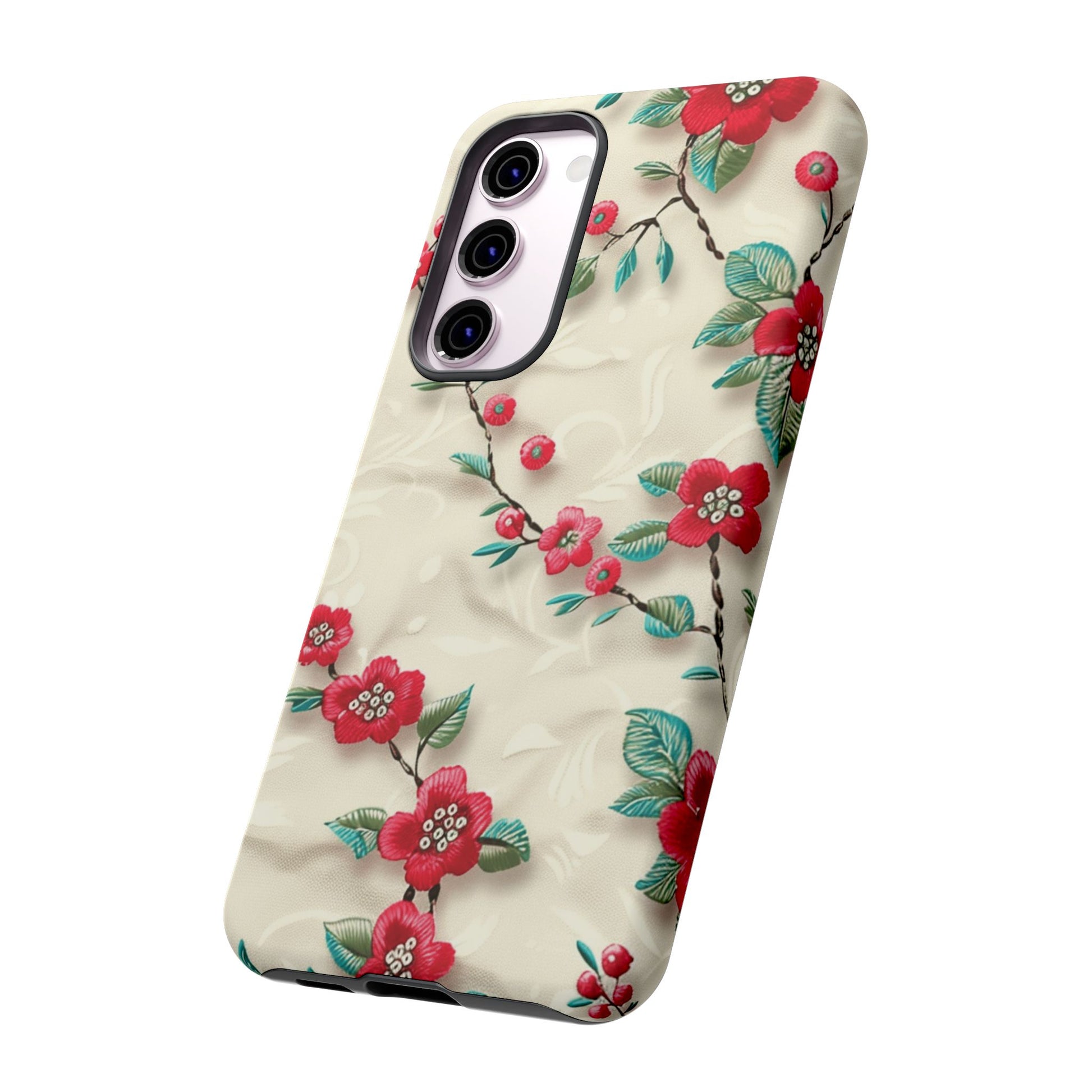 3D Embroidery Illusion Red Flowers Phone Case for iPhone, Samsung Pixel Artistic Floral Protection 15 14 13 12, 21 23 Gift for Her Perfect for Floral Lover